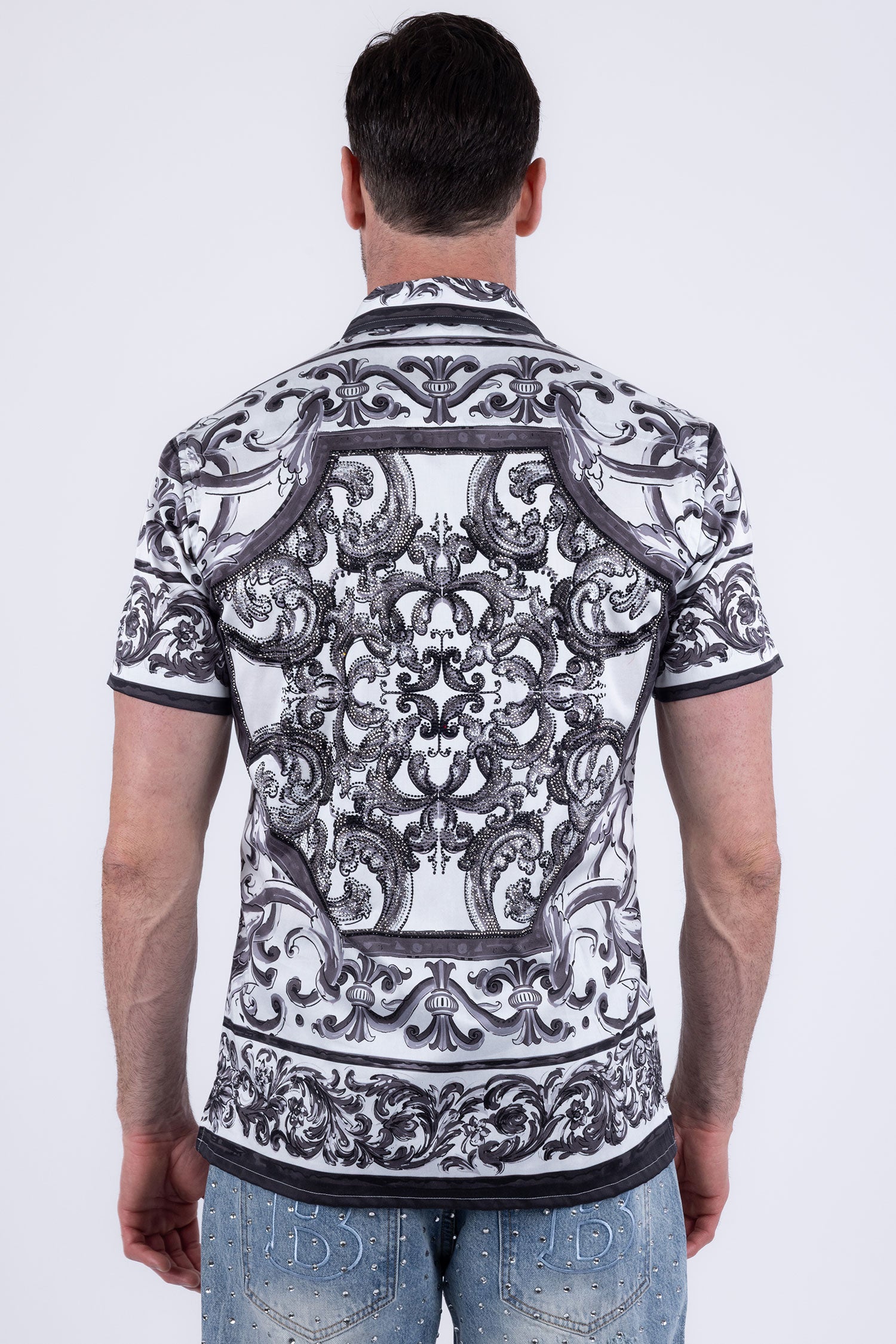 Men's Vineyard Floral  Rhinestone Short-Sleeve Shirt | BARABAS 6SSR11 White