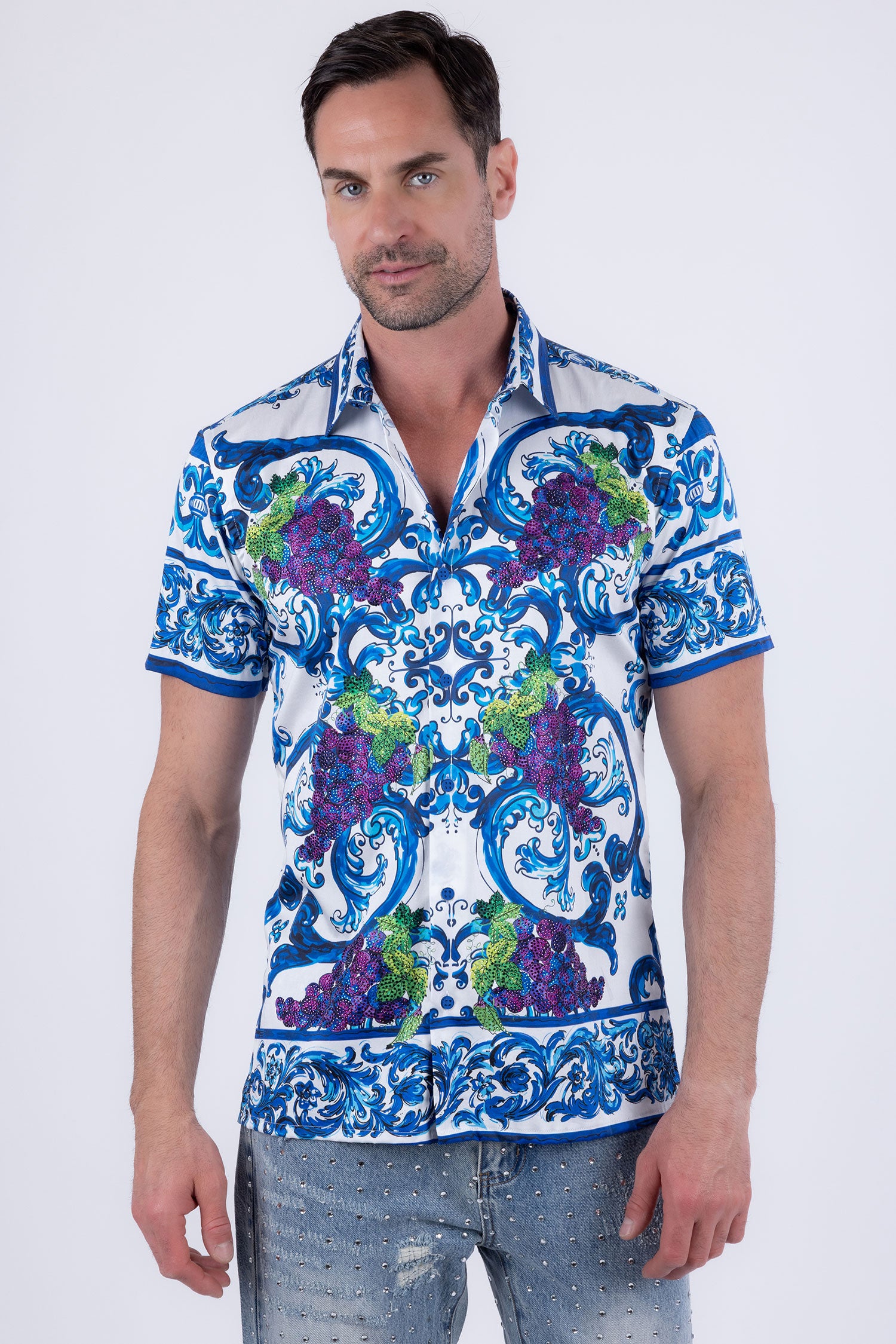 Men's Vineyard Floral  Rhinestone Short-Sleeve Shirt | BARABAS 6SSR11 Blue