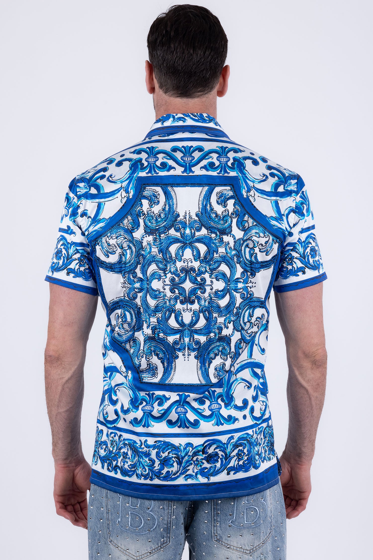 Men's Vineyard Floral  Rhinestone Short-Sleeve Shirt | BARABAS 6SSR11 Navy