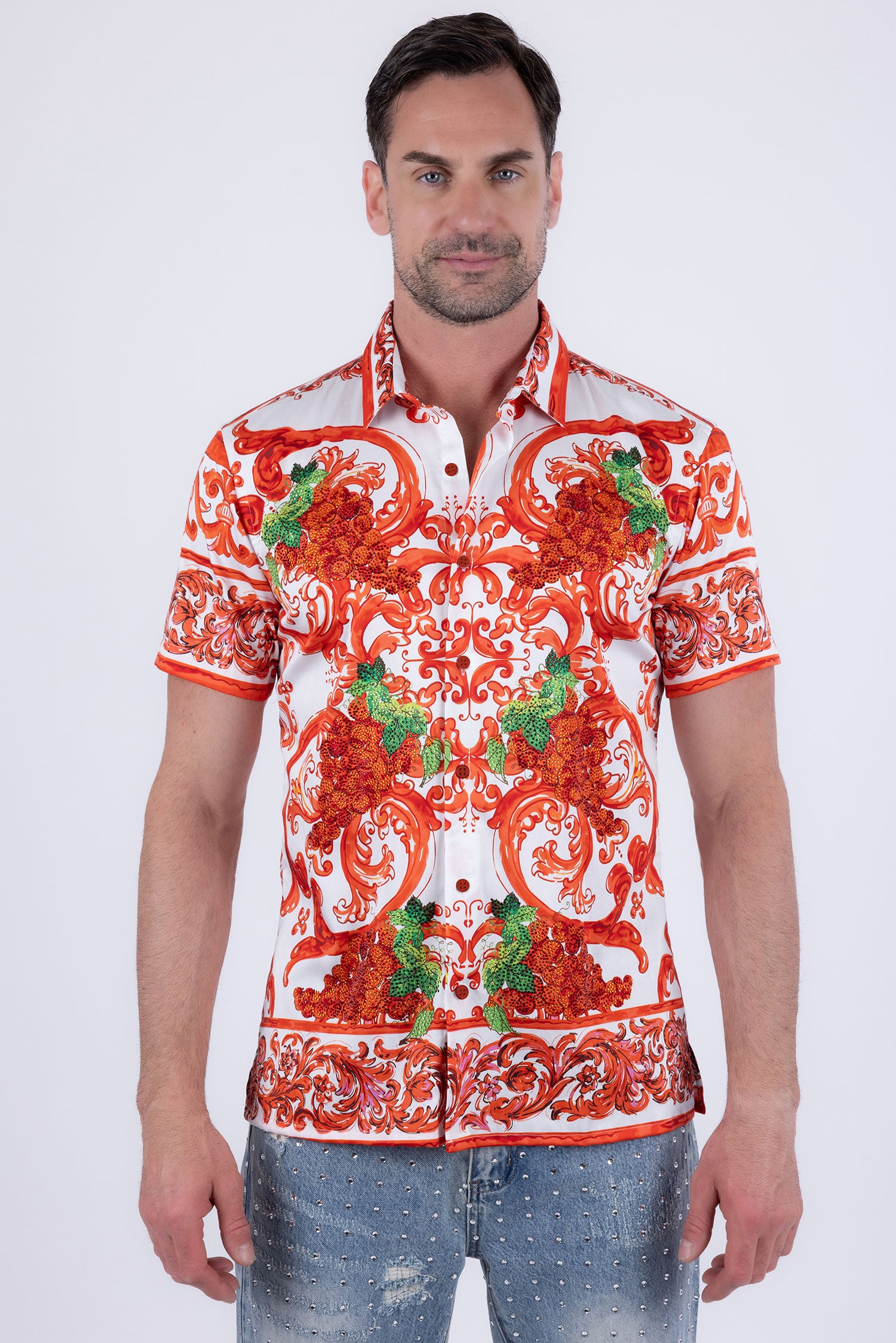 Men's Vineyard Floral  Rhinestone Short-Sleeve Shirt | BARABAS 6SSR11 Red