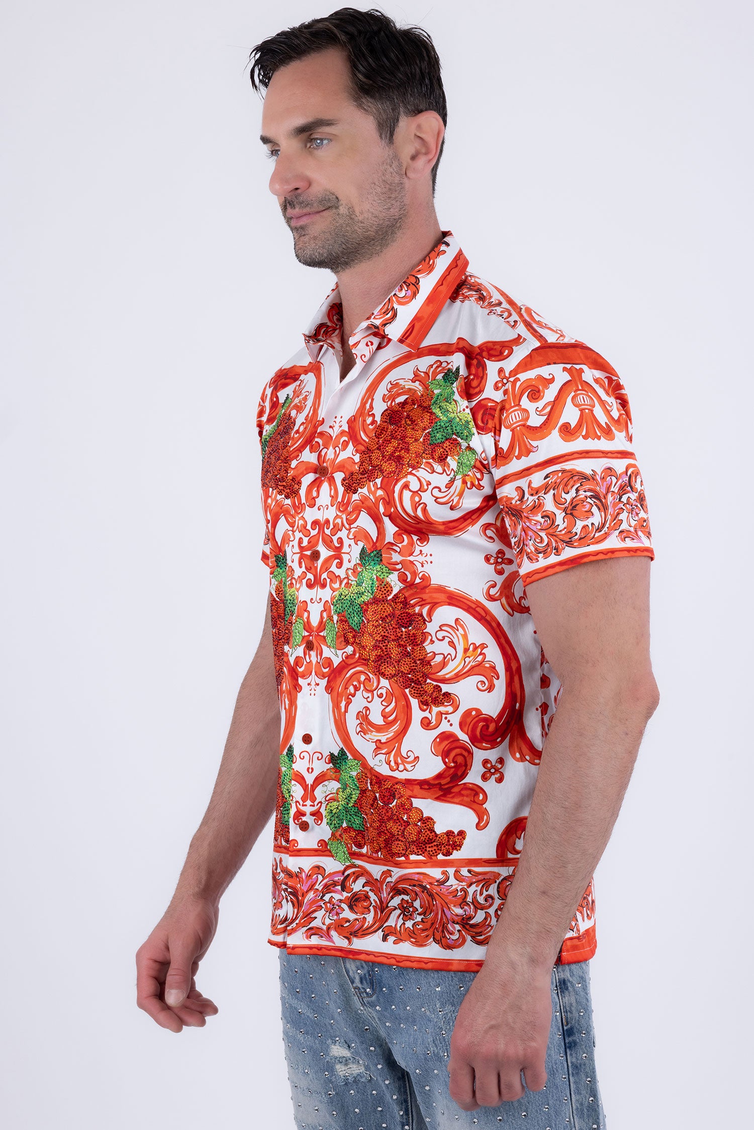 Men's Vineyard Floral  Rhinestone Short-Sleeve Shirt | BARABAS 6SSR11 Orange