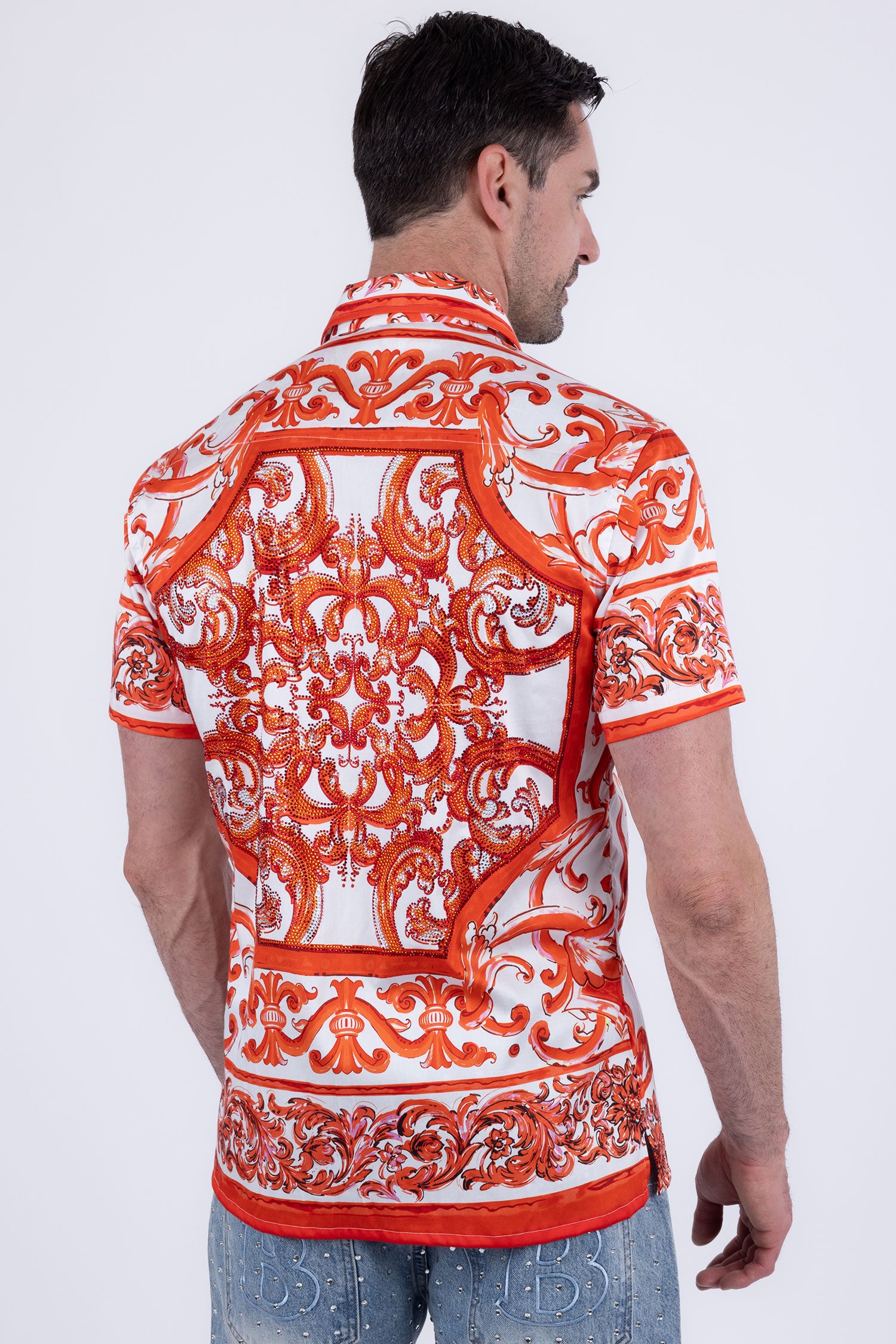 Men's Vineyard Floral  Rhinestone Short-Sleeve Shirt | BARABAS 6SSR11 Orange