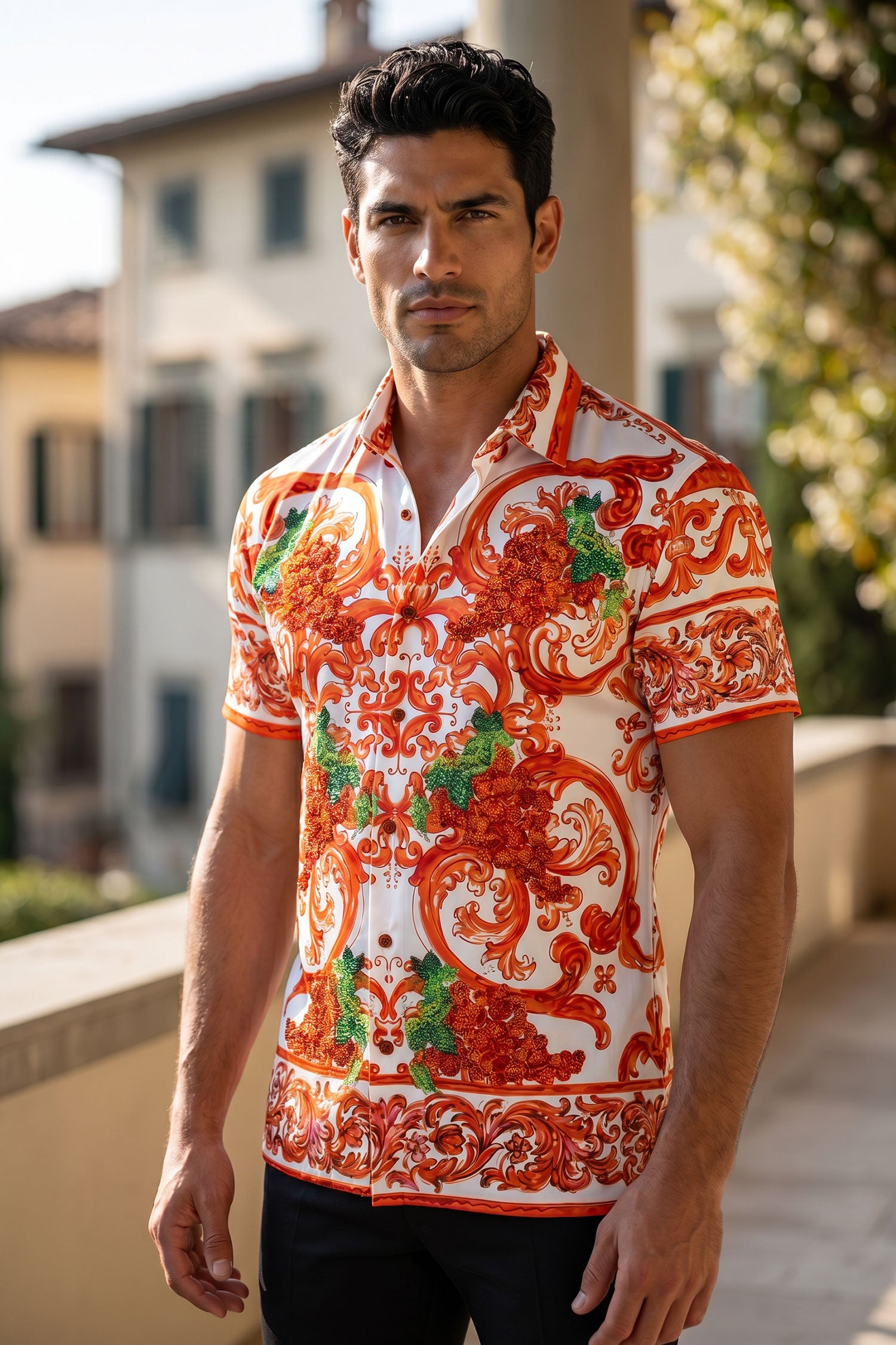 Men's Vineyard Floral  Rhinestone Short-Sleeve Shirt | BARABAS 6SSR11 Red