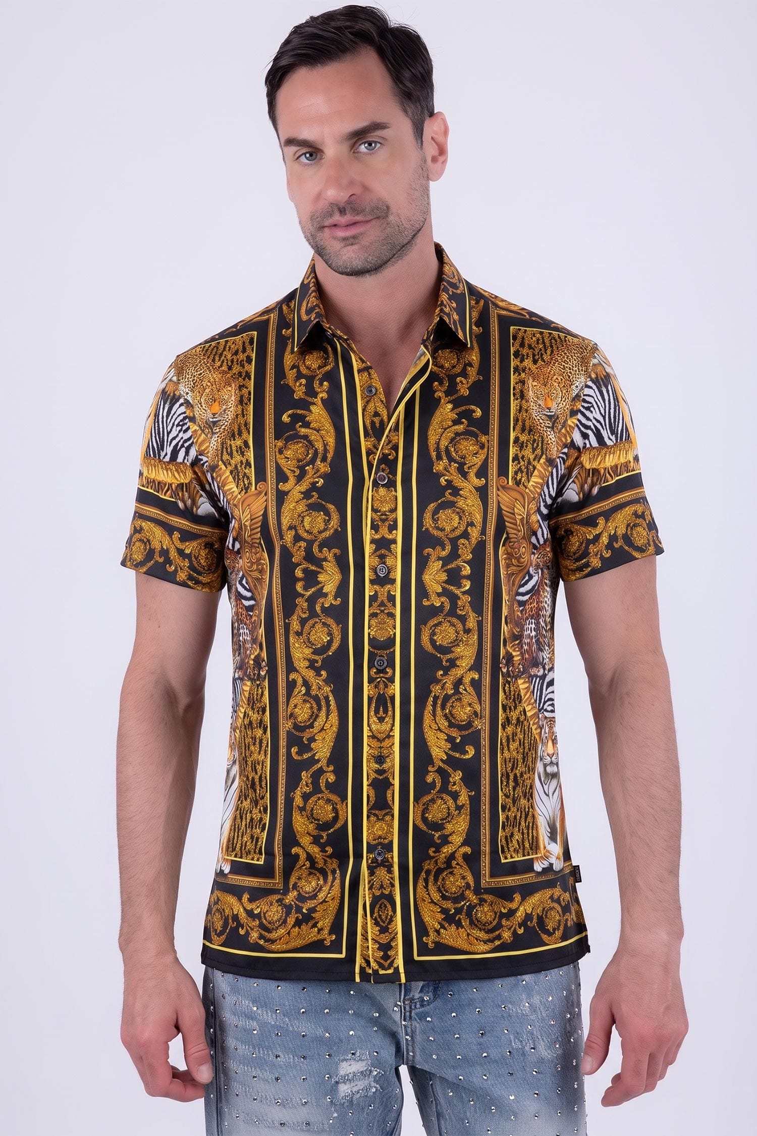 Men's Tiger Floral  Rhinestone Short-Sleeve Shirt | BARABAS 6SSR12 Black Gold