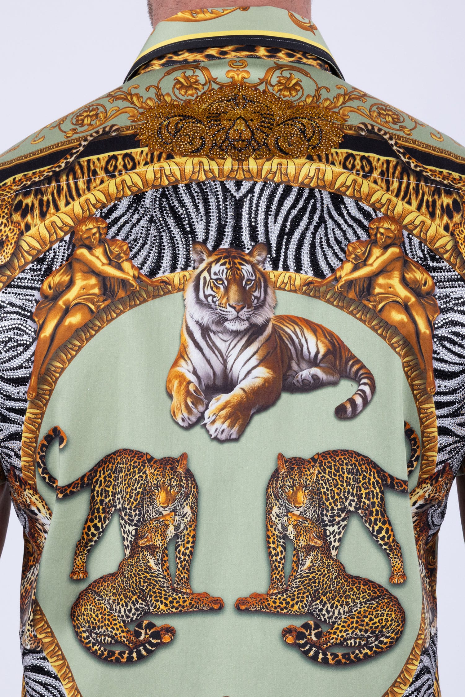 Men's Tiger Floral  Rhinestone Short-Sleeve Shirt | BARABAS 6SSR12 Sage Gold