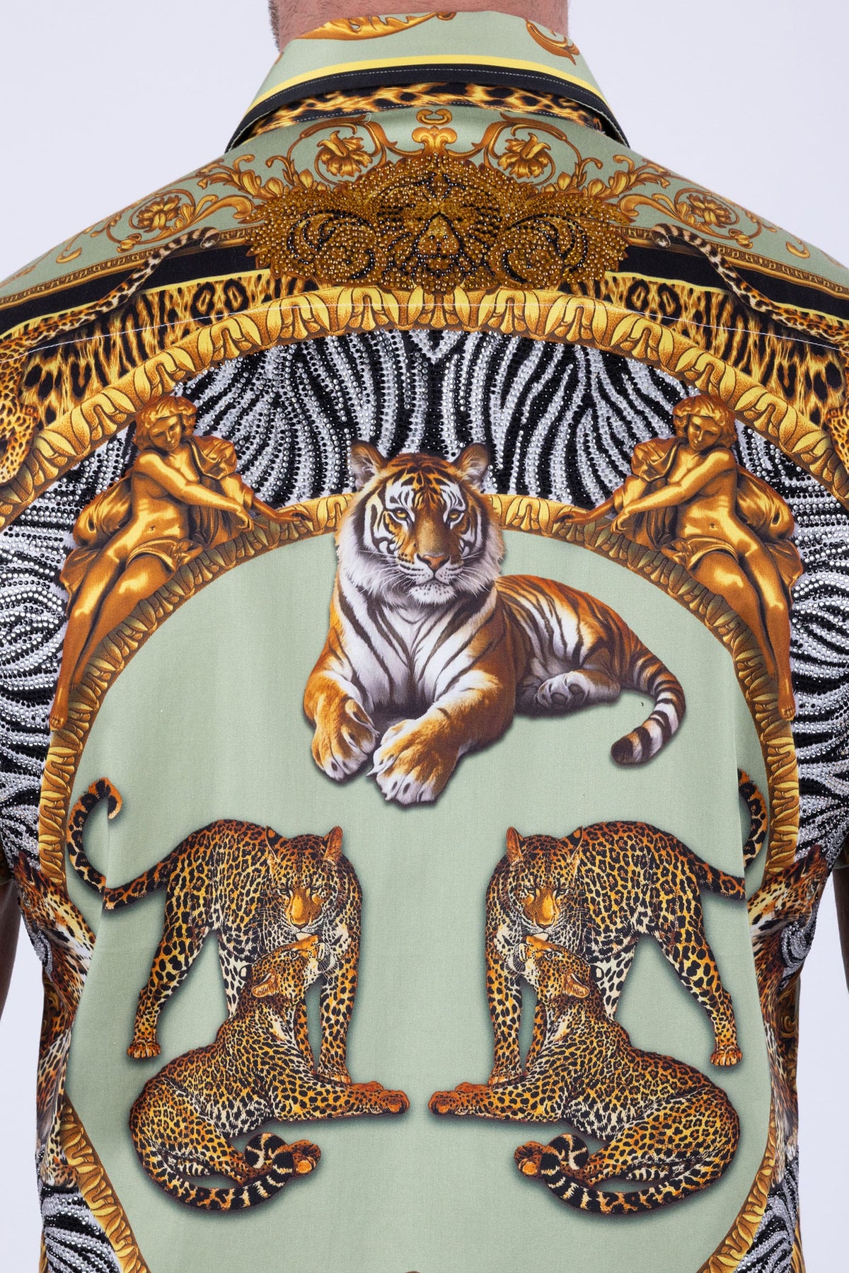 Men's Tiger Floral  Rhinestone Short-Sleeve Shirt | BARABAS 6SSR12 #Color_Sage Gold