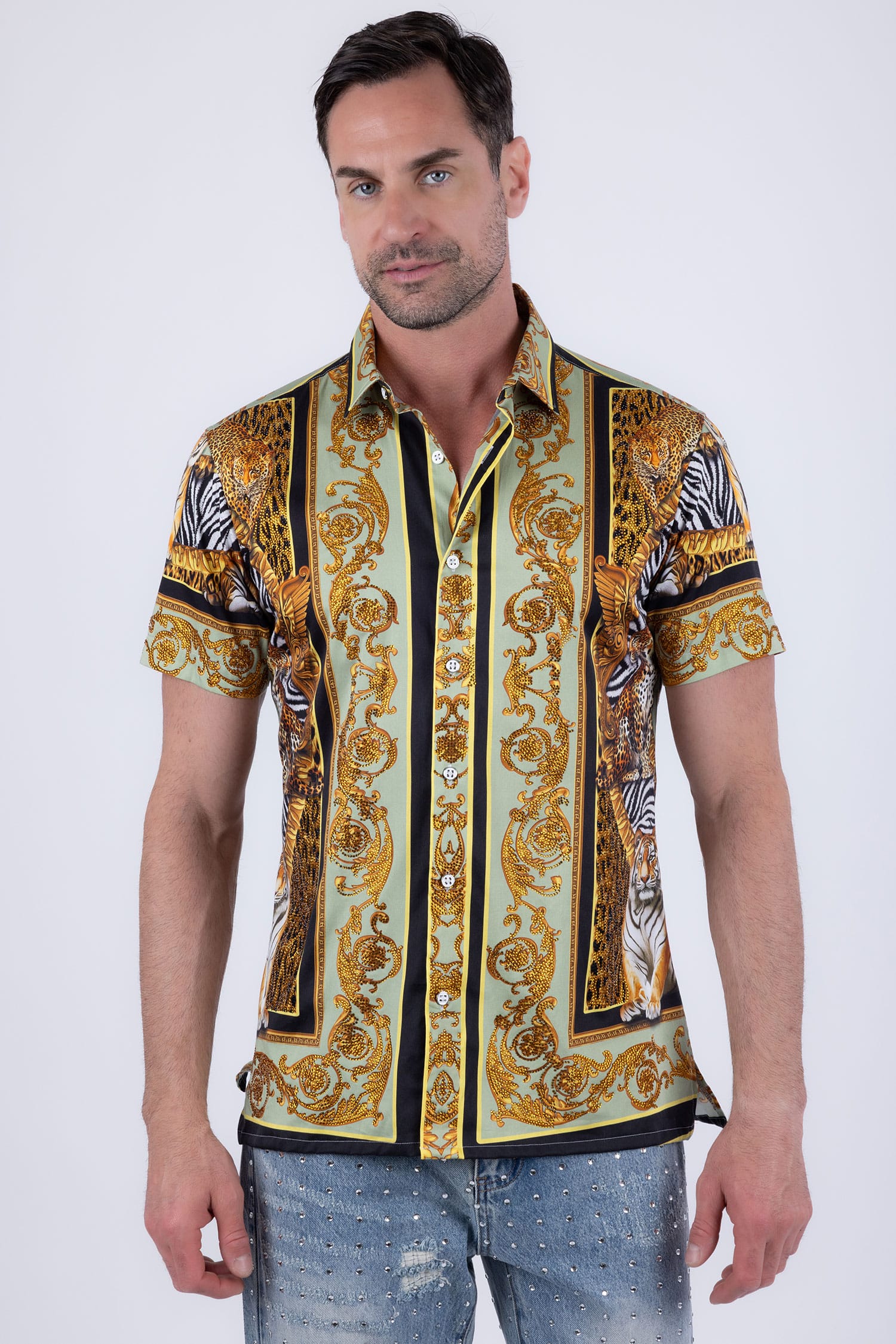 Men's Tiger Floral  Rhinestone Short-Sleeve Shirt | BARABAS 6SSR12 Sage