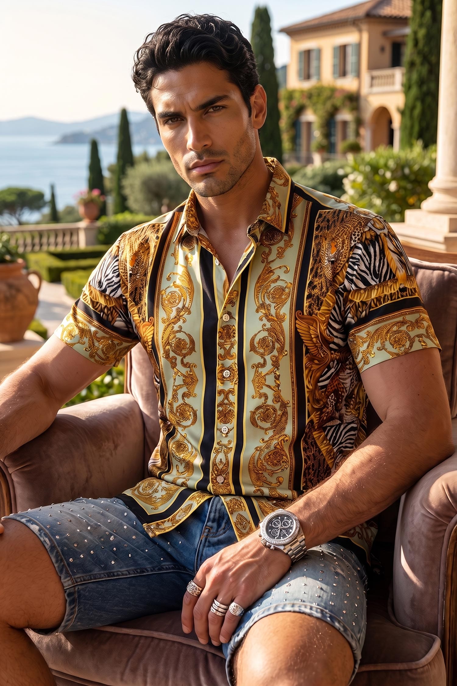 Men's Tiger Floral  Rhinestone Short-Sleeve Shirt | BARABAS 6SSR12 Sage Gold