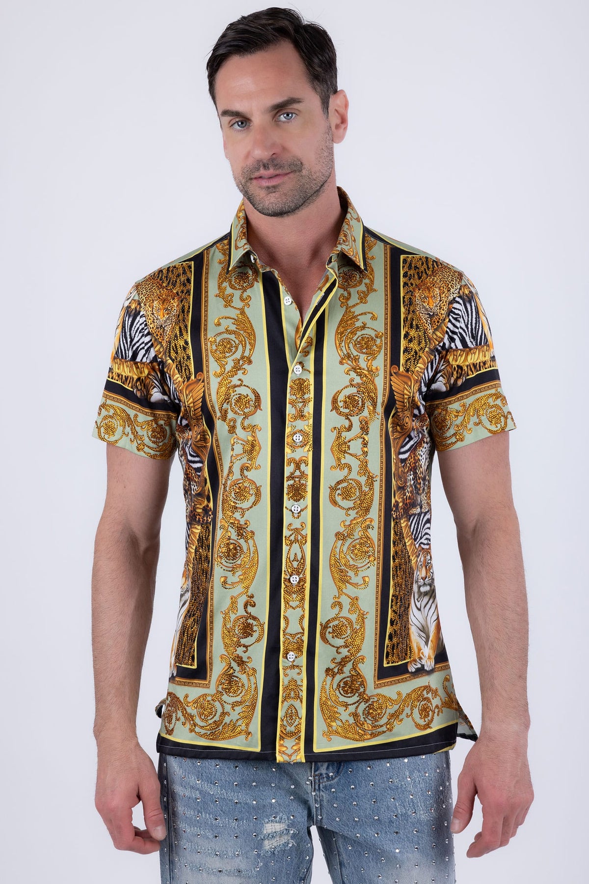 Men's Tiger Floral  Rhinestone Short-Sleeve Shirt | BARABAS 6SSR12 #Color_Sage Gold