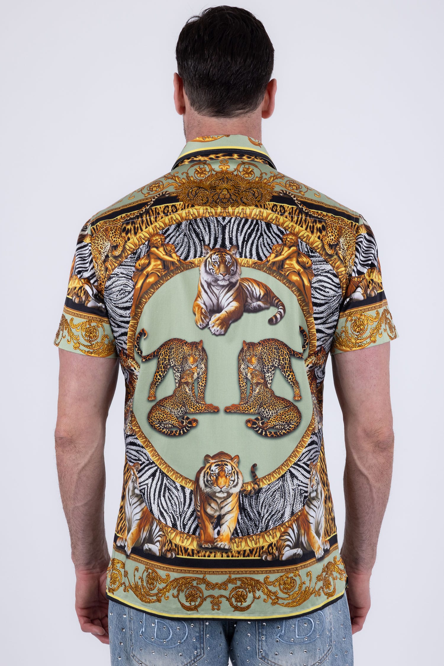 Men's Tiger Floral  Rhinestone Short-Sleeve Shirt | BARABAS 6SSR12 Sage Gold