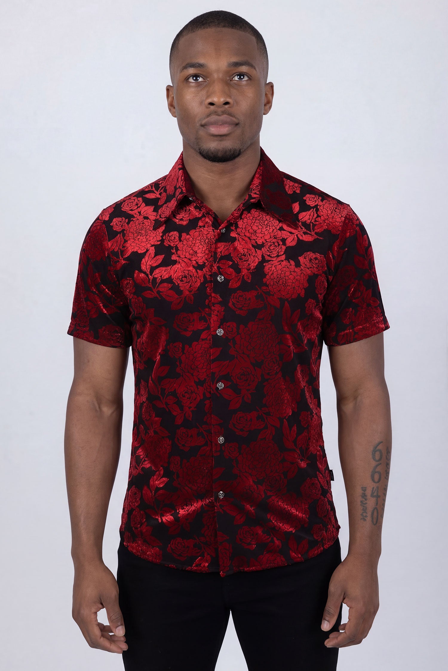 Barabas Men's See-Through Floral Printed Short Sleeve Shirts 6SST03 Scarlet