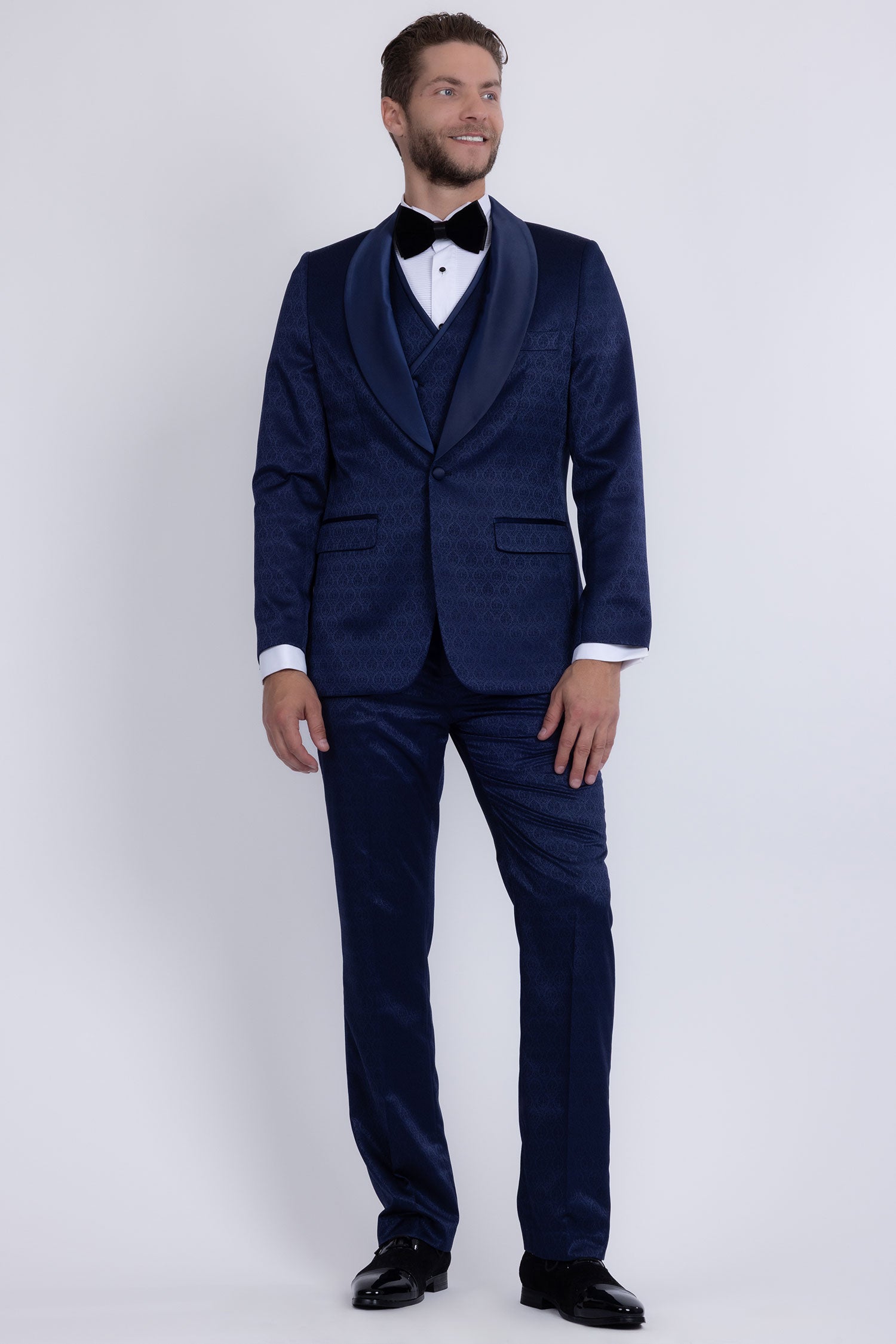 Barabas Men's Floral Geometric 3-Pieces Set Shawl Lapel Suit 6SU02 Navy