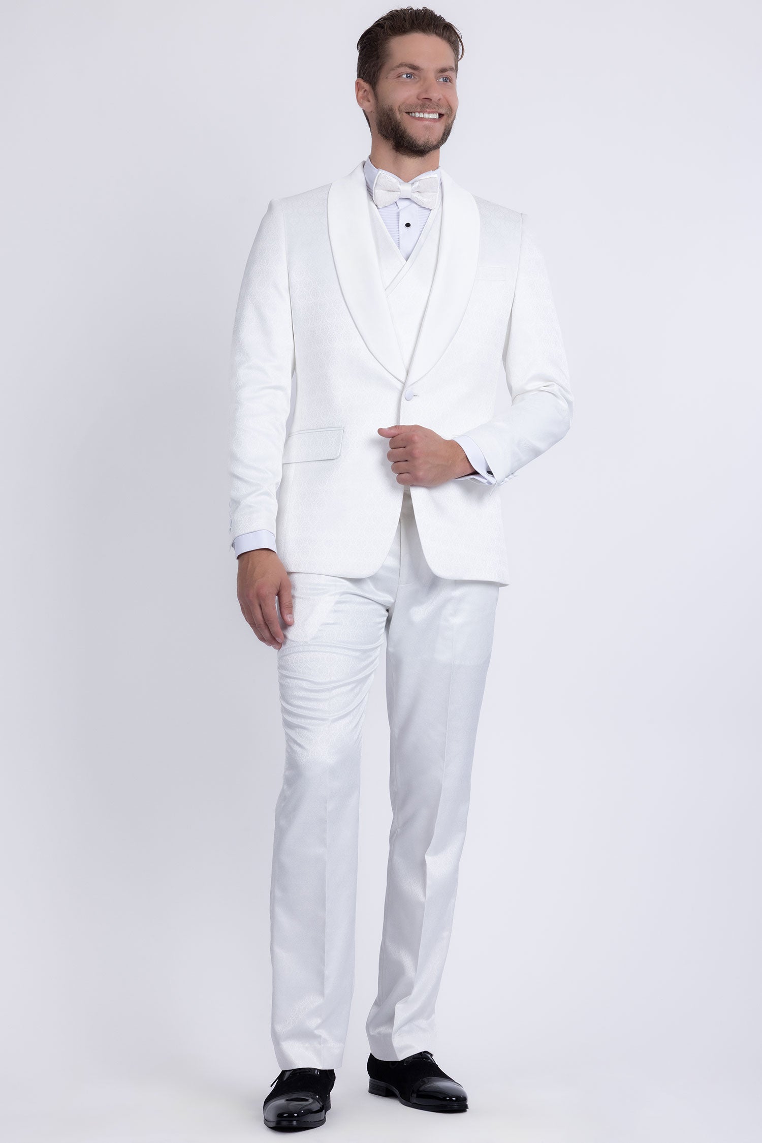 Barabas Men's Floral Geometric 3-Pieces Set Shawl Lapel Suit 6SU02 White
