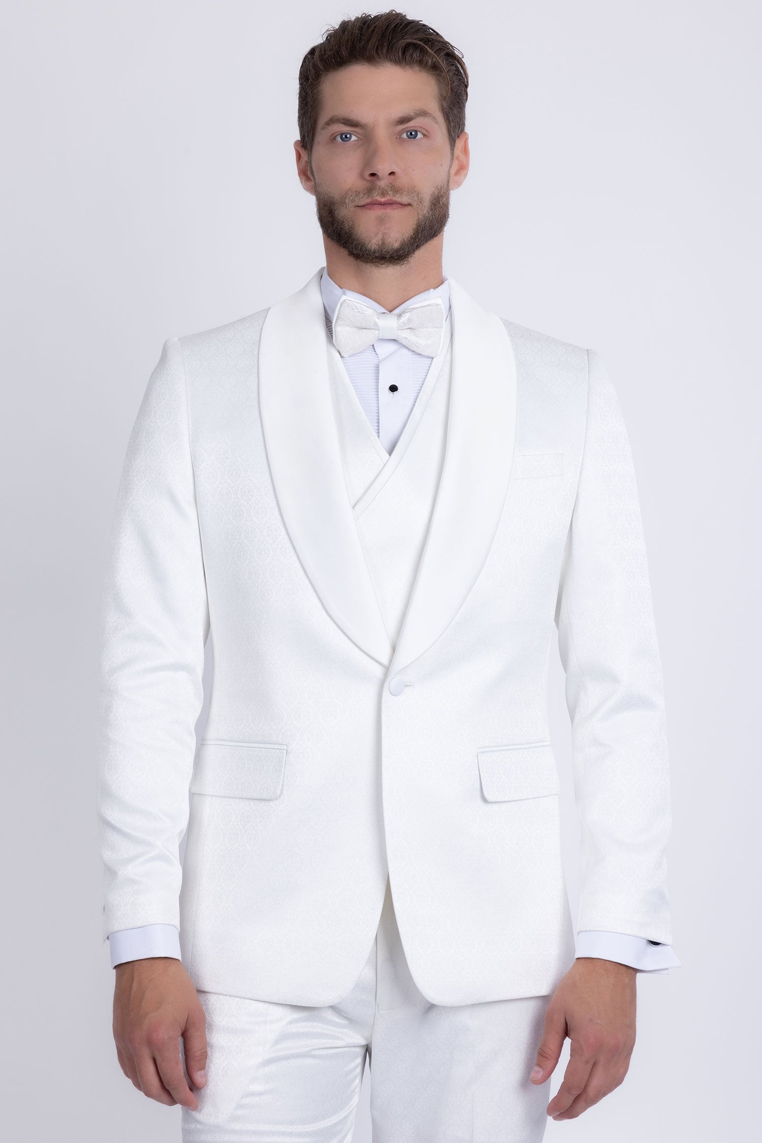 Barabas Men's Floral Geometric 3-Pieces Set Shawl Lapel Suit 6SU02 Bright White