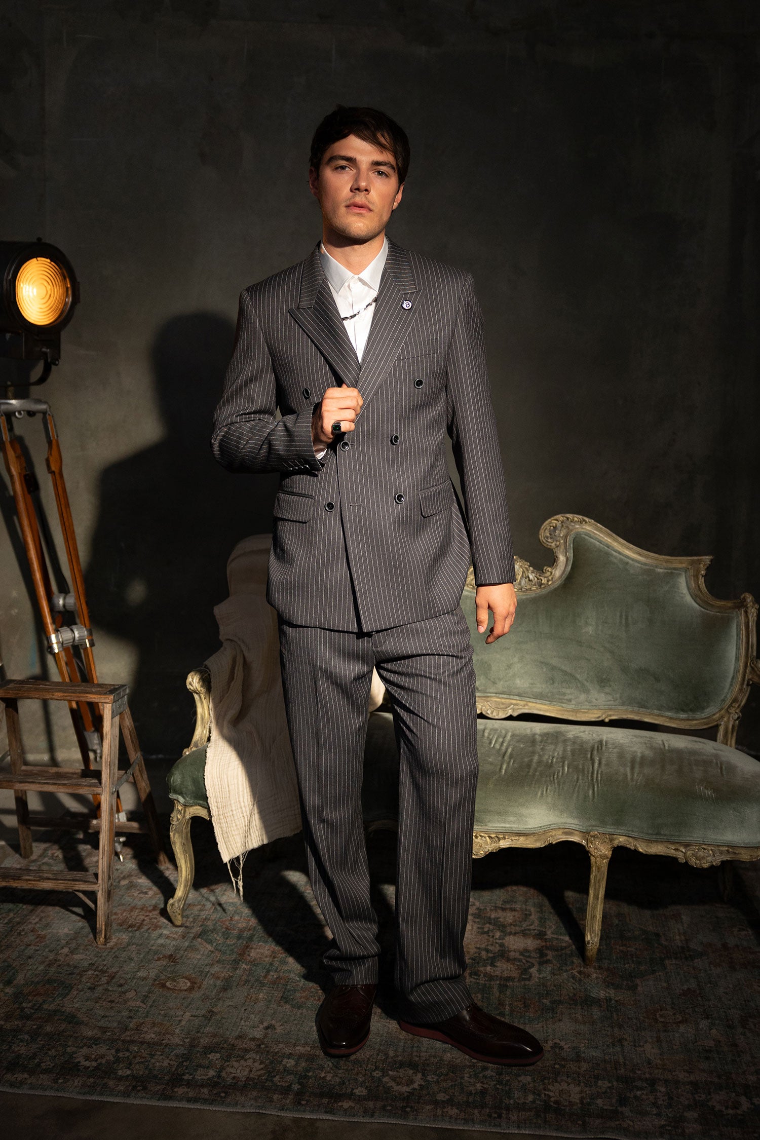 Barabas Men's Pinstripe Double Breasted Shawl Lapel Suit 6SU03 Grey White