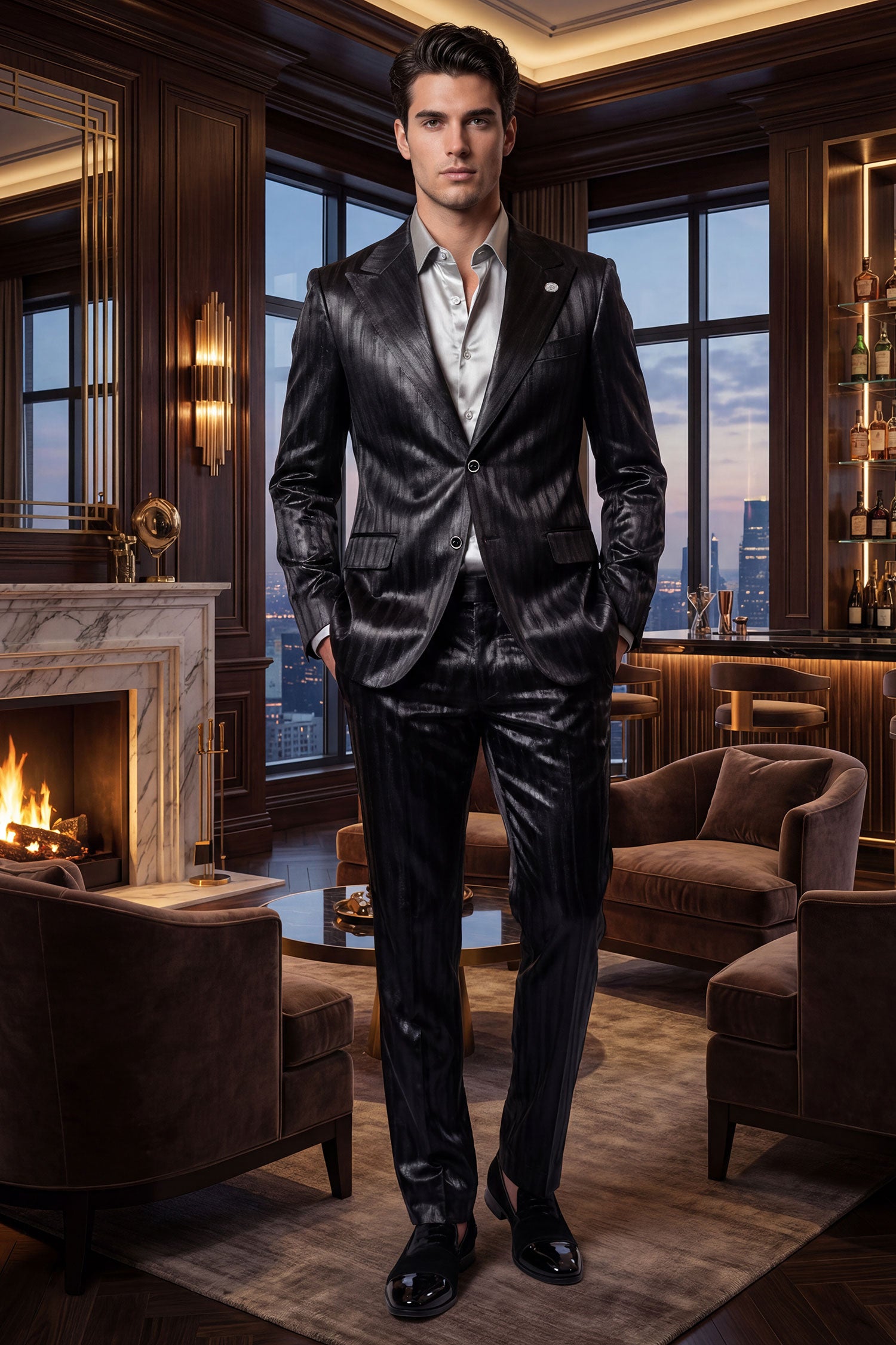 Barabas Men's Shiny Metallic Striped Pattern Notch Wide Lapel Suit 6SU04 Black