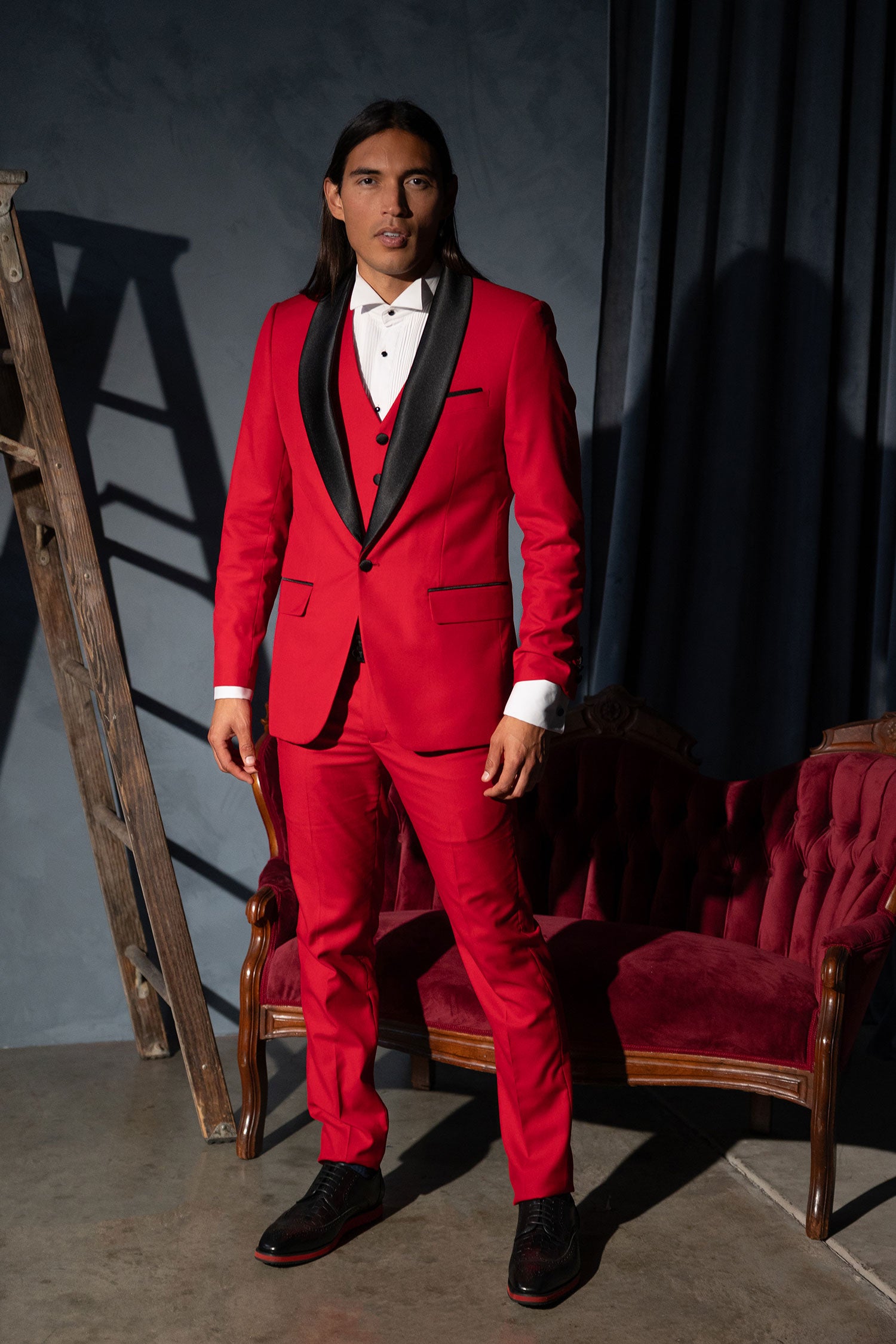 Barabas Men's Solid Color Contrasting Shawl Lapel Suit 6SU05 Red