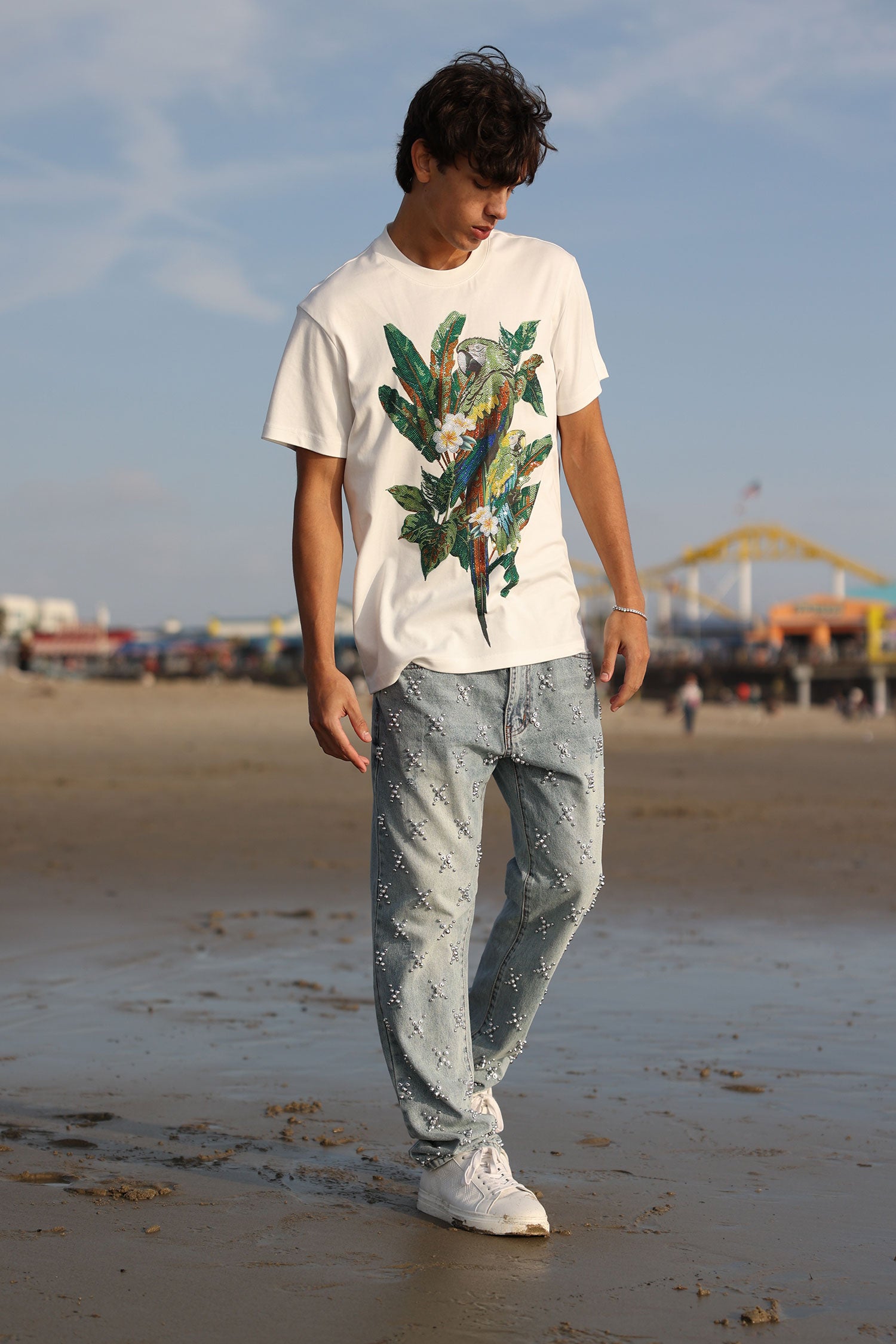 Barabas Men's Laurent Tropical Iguana Rhinestone T-Shirt 6TR02 White