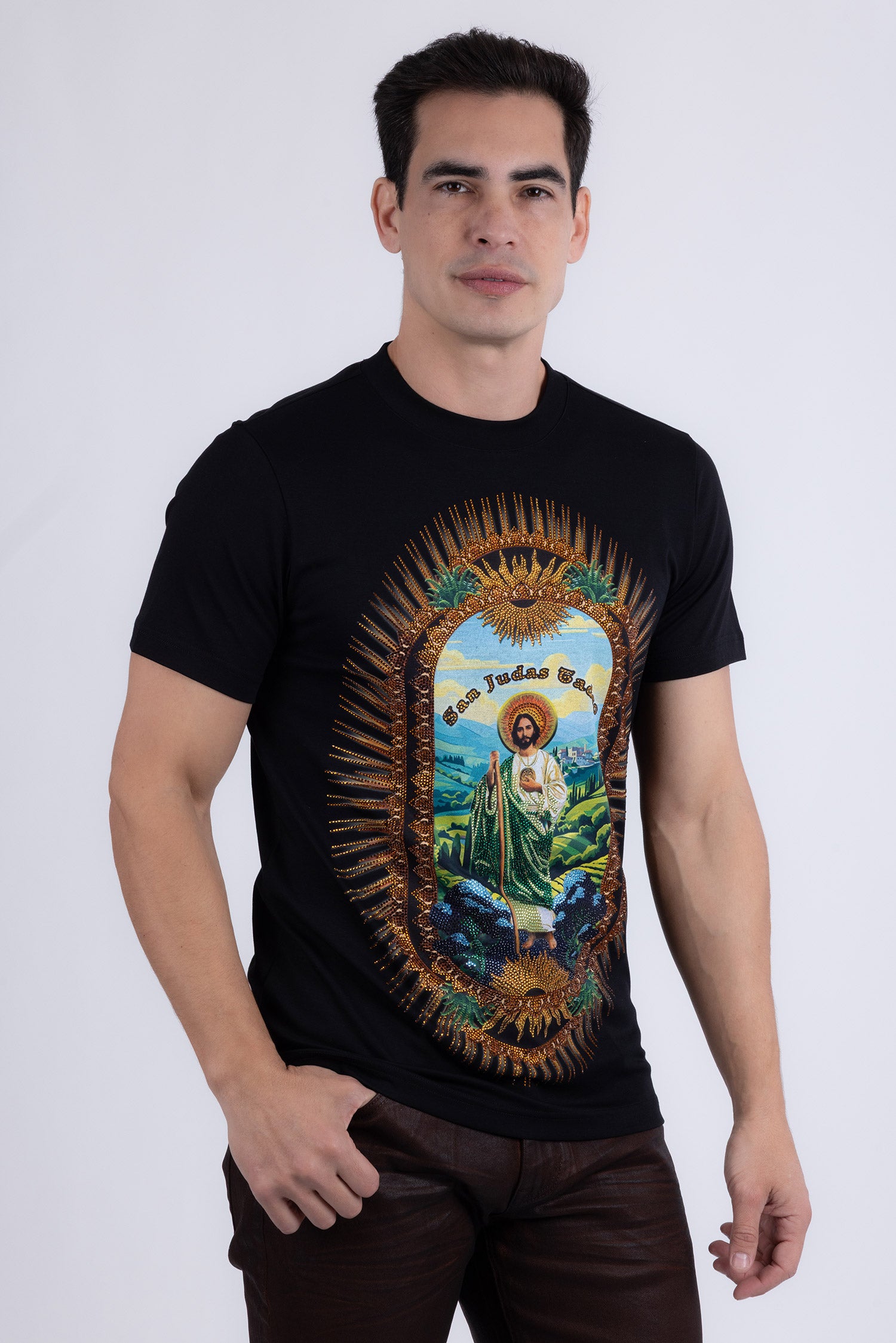 Barabas Men's San Judas Tadeo Rhinestone T-Shirt Crew Neck 6TR04 Black