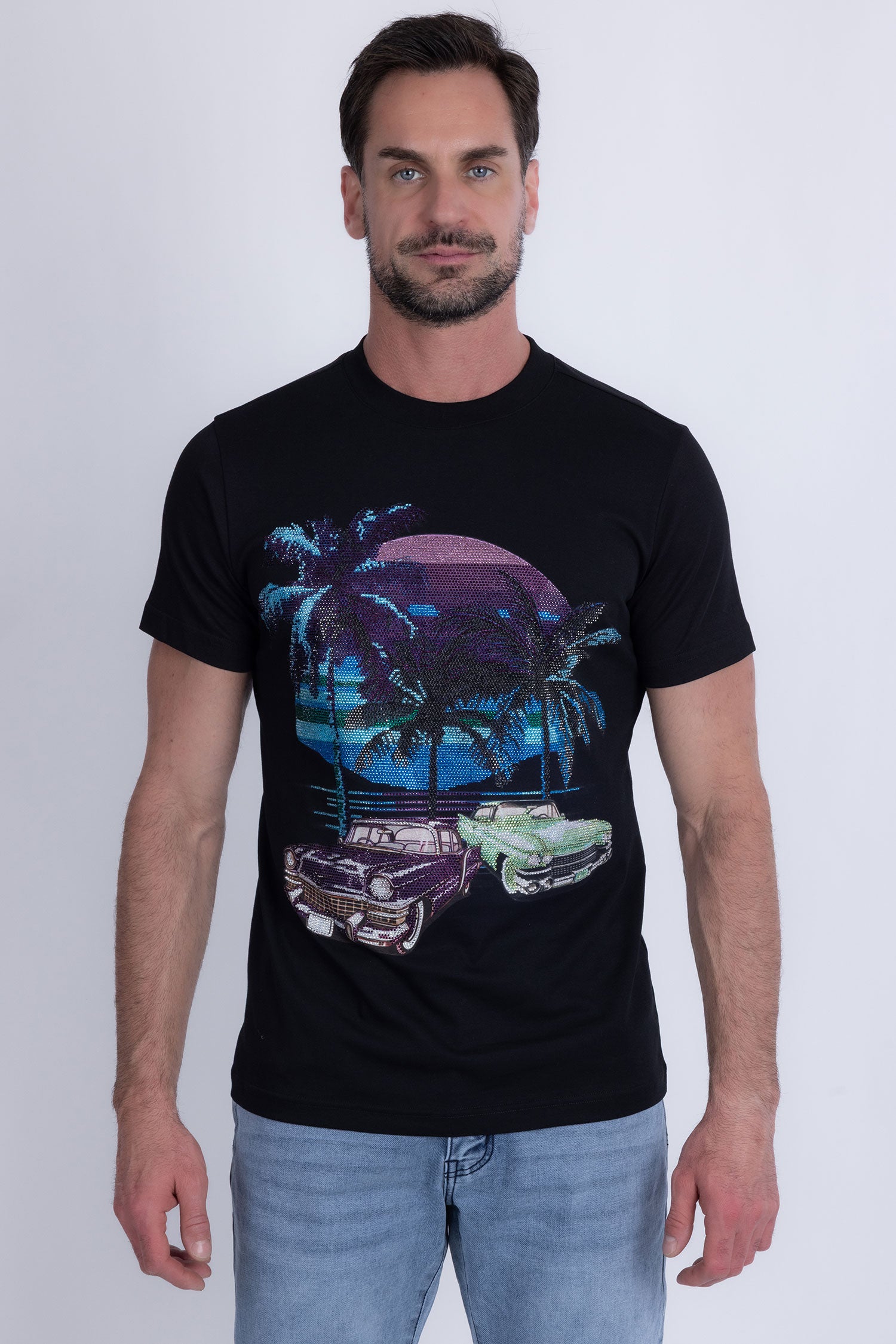 Barabas Men's Palm Beach Rhinestone Stretch Crew Neck T-Shirt 6TR07 Black