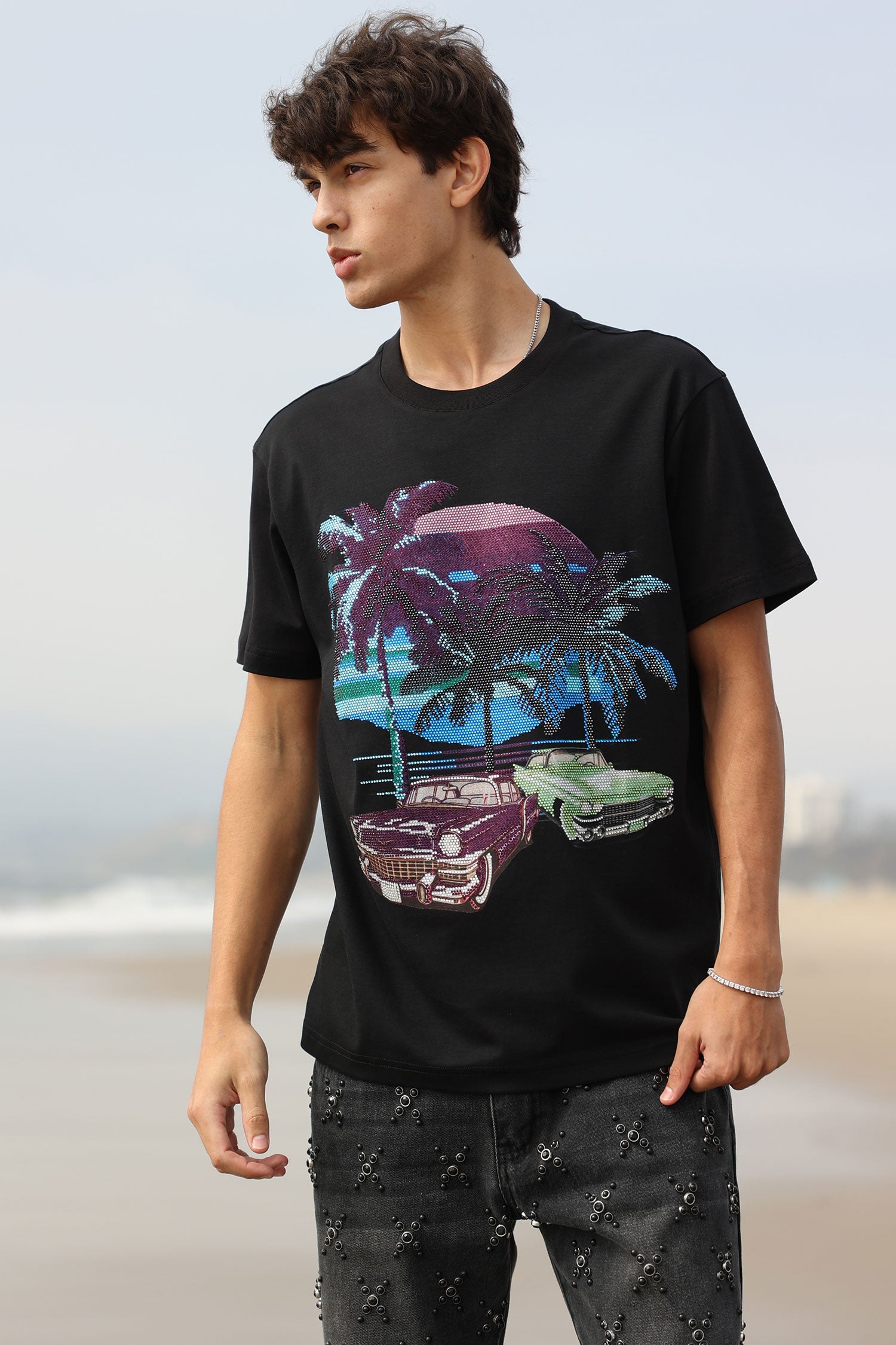 Barabas Men's Palm Beach Rhinestone Stretch Crew Neck T-Shirt 6TR07 Black