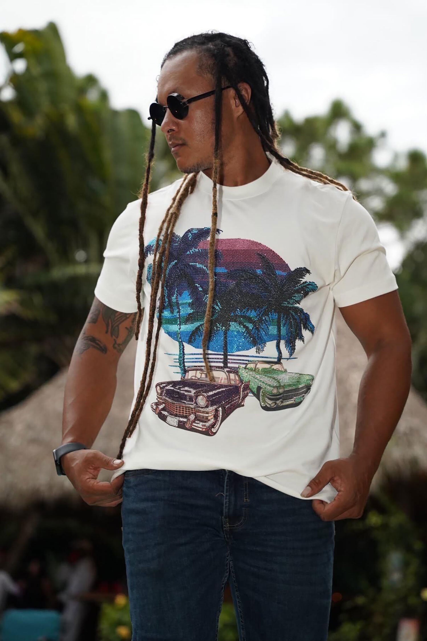 Barabas Men's Palm Beach Rhinestone Stretch Crew Neck T-Shirt 6TR07 White