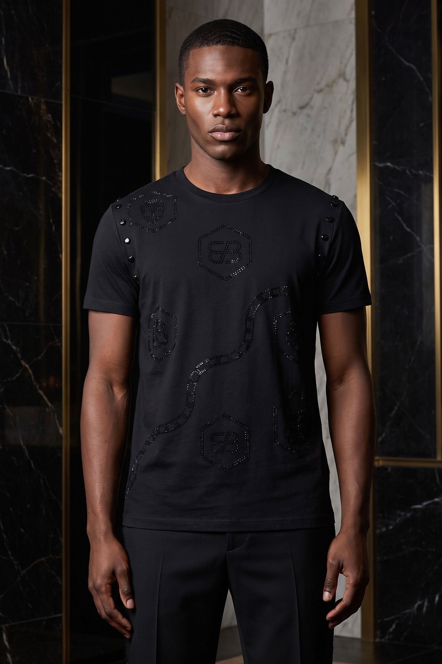 Barabas Men's Rhinestone Geometric Crew-neck T-shirt 6TR11 Black