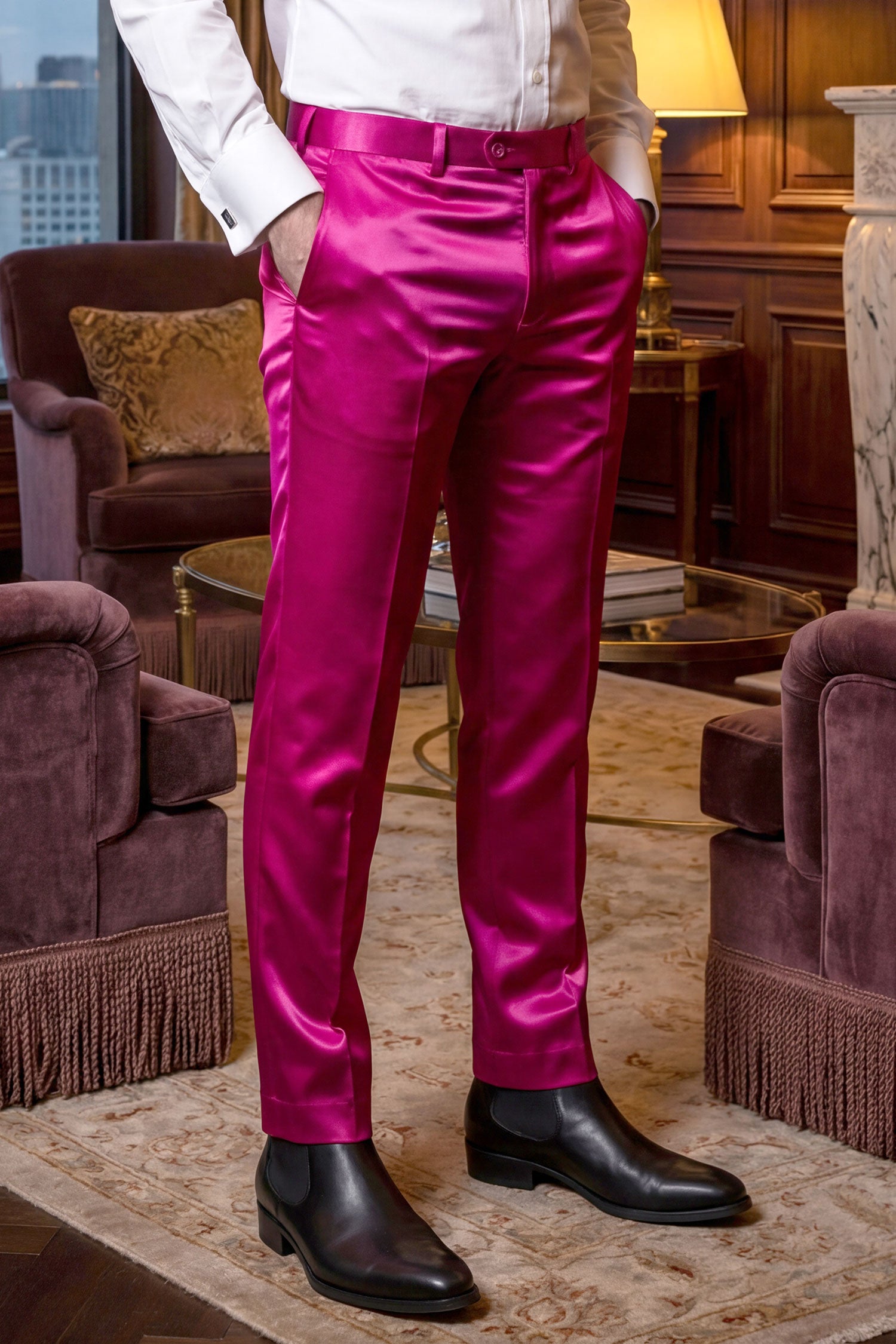 Barabas Men's Solid Color Shiny Dress Pants 6VP1010 Fuchsia