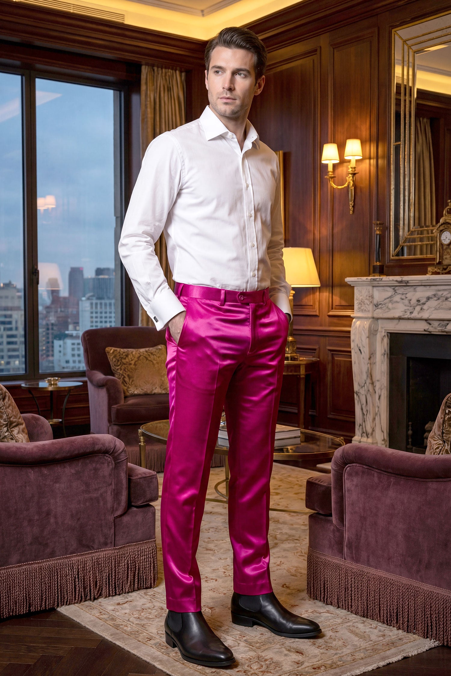 Barabas Men's Solid Color Shiny Dress Pants 6VP1010 Pink