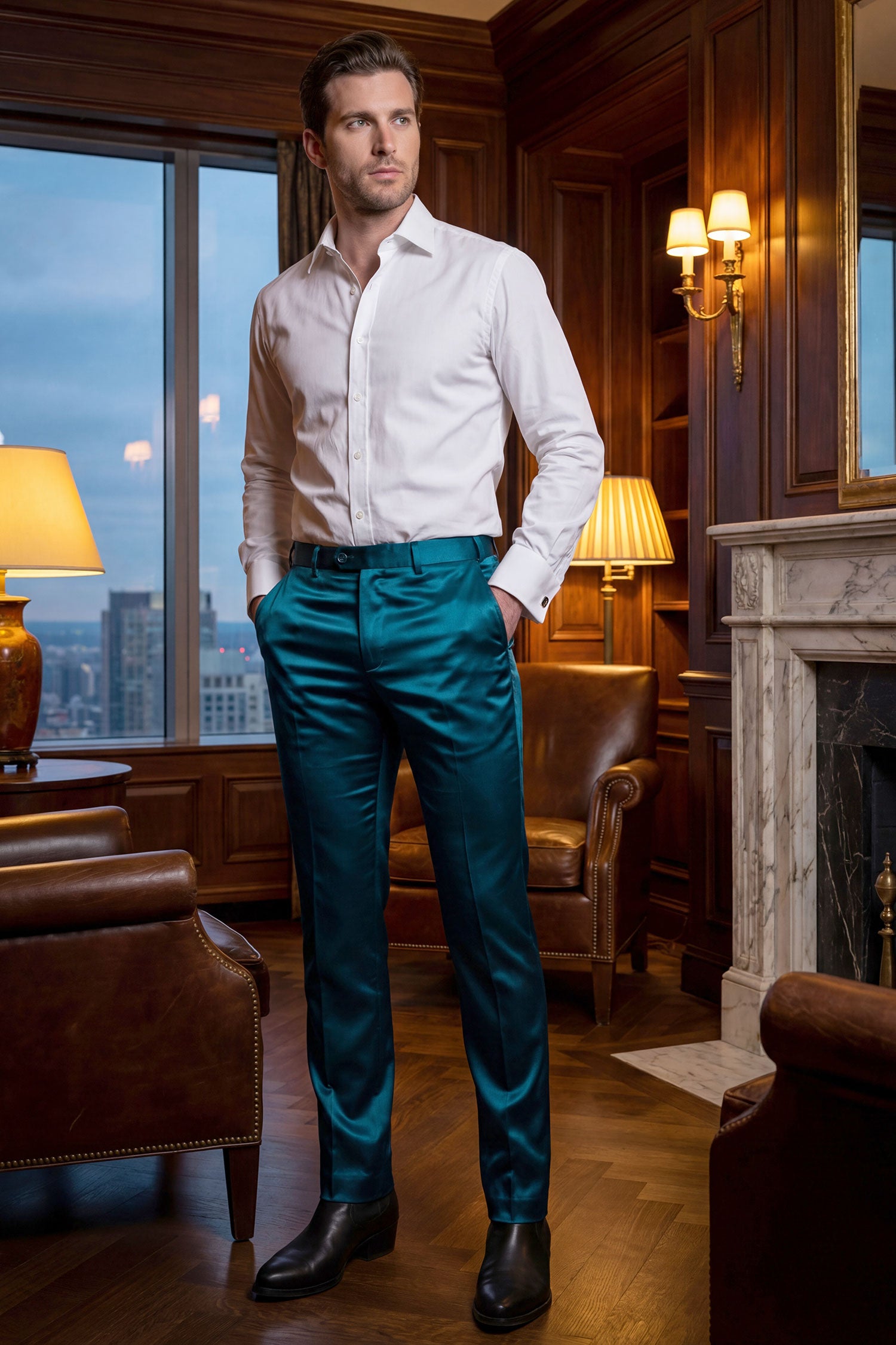 Barabas Men's Solid Color Shiny Dress Pants 6VP1010 Hunter Green