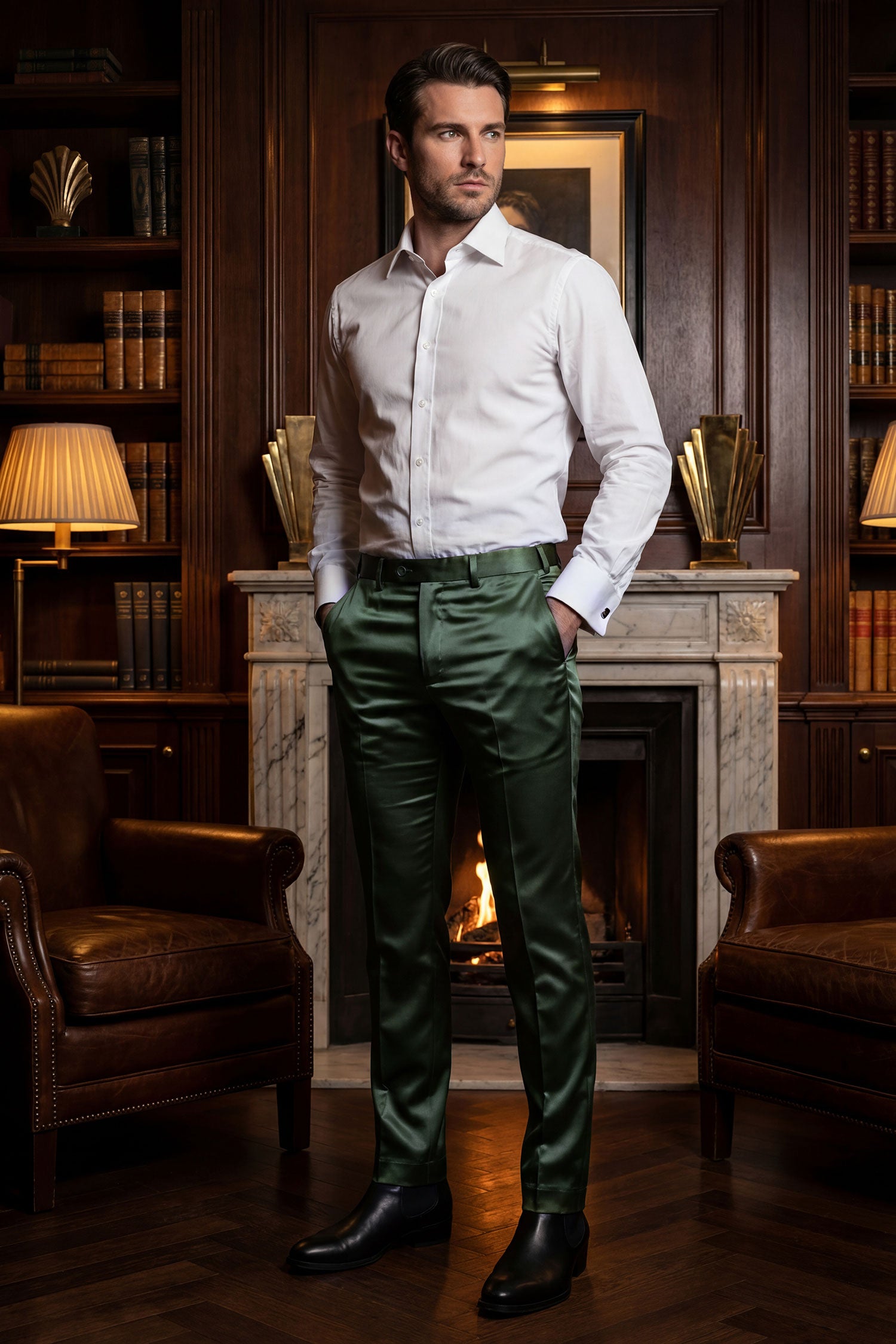 Barabas Men's Solid Color Shiny Dress Pants 6VP1010 Olive