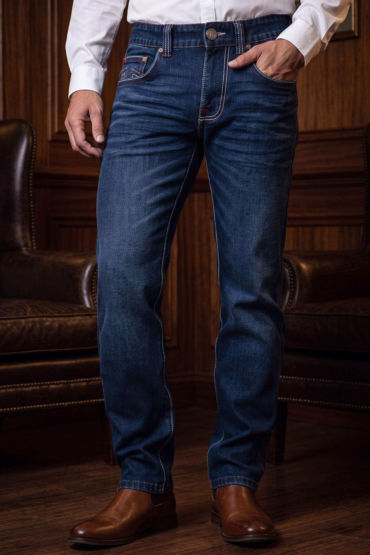 Men's Western Fleur-De-Lis Arrow Straight-Fit Jeans | BARABAS 6WD01 Dark Blue