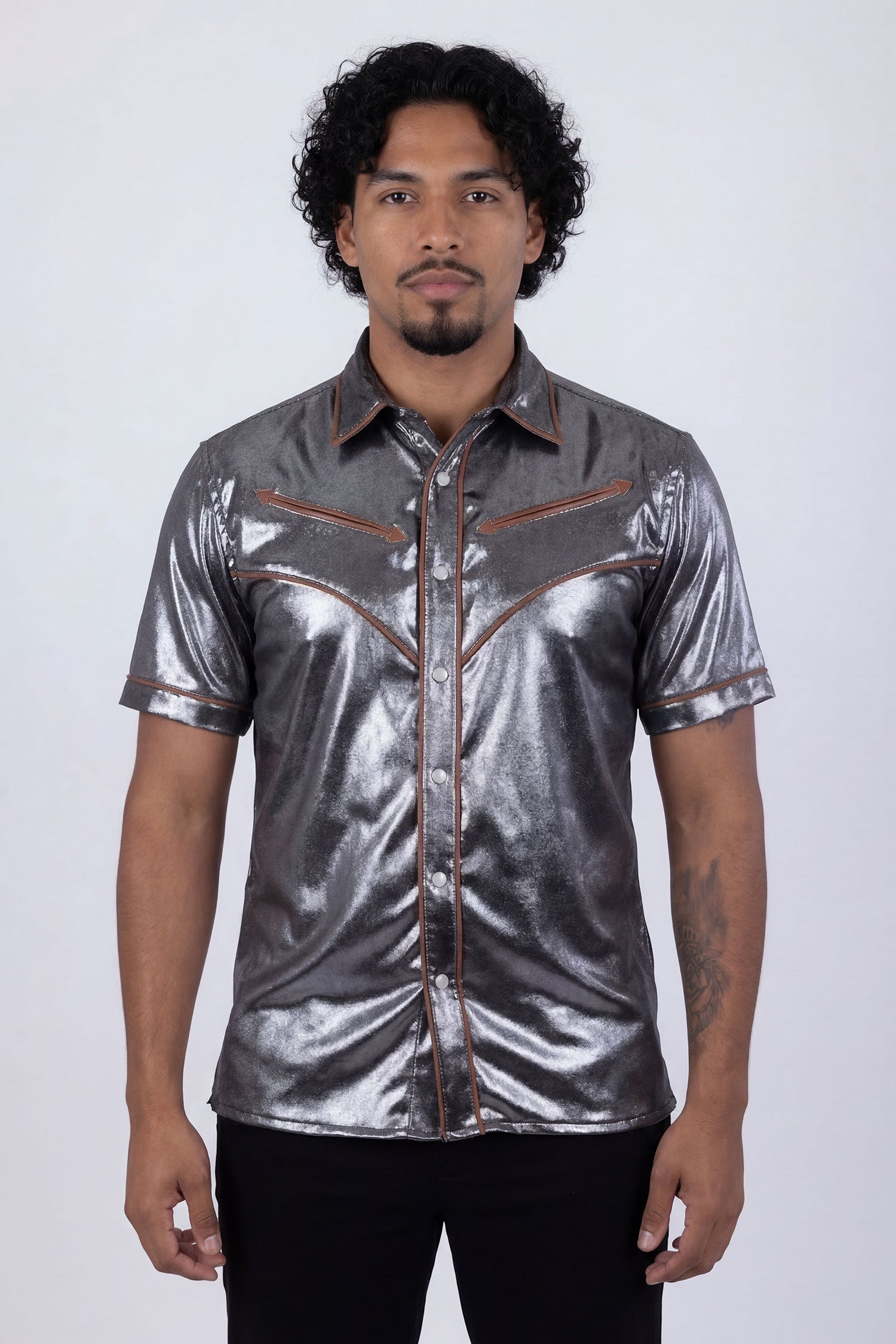 Barabas Men's Metallic Shiny Short Sleeve Casual Western Shirt 6WS02 Black Brown