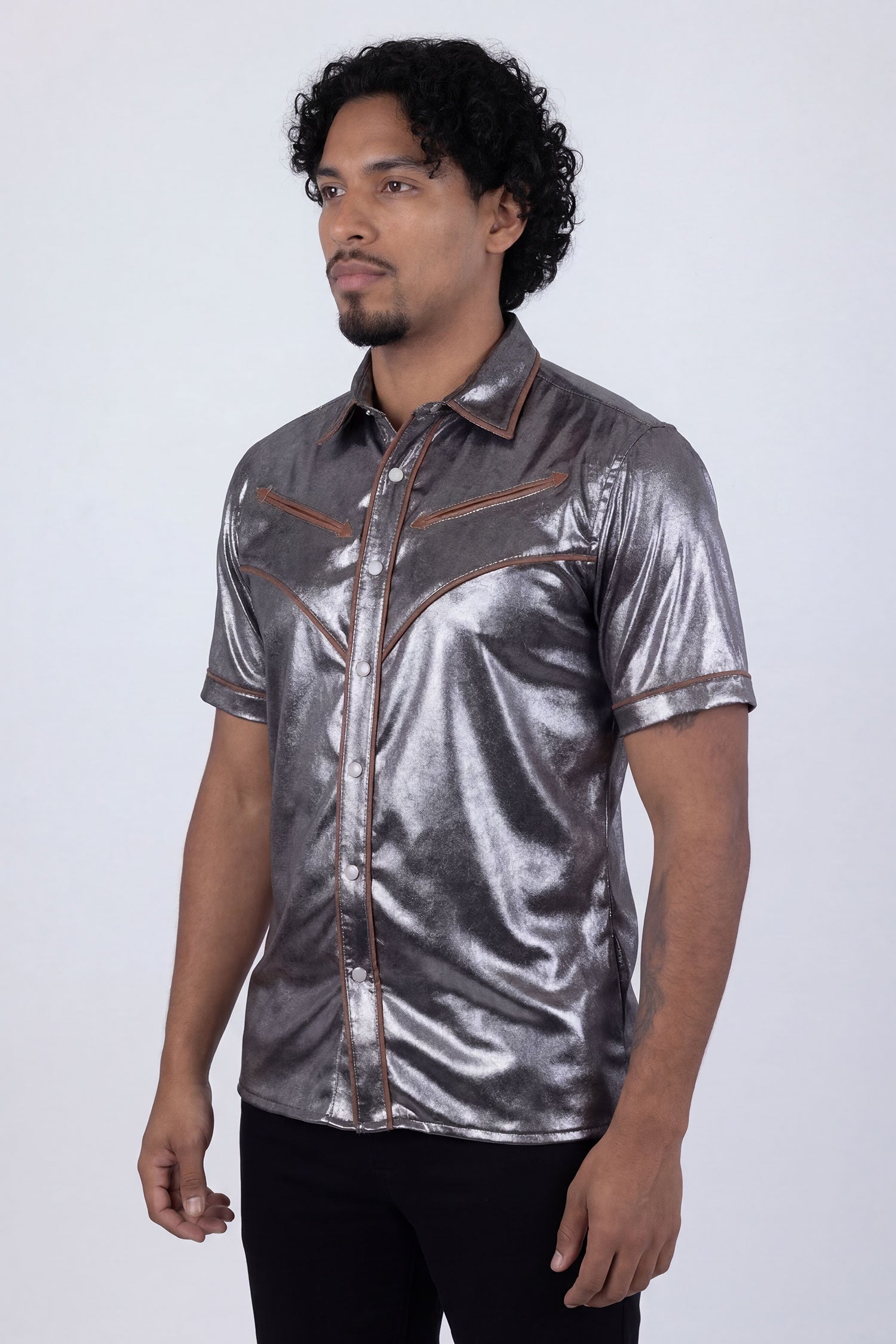 Barabas Men's Metallic Shiny Short Sleeve Casual Western Shirt 6WS02 Charcoal Brown