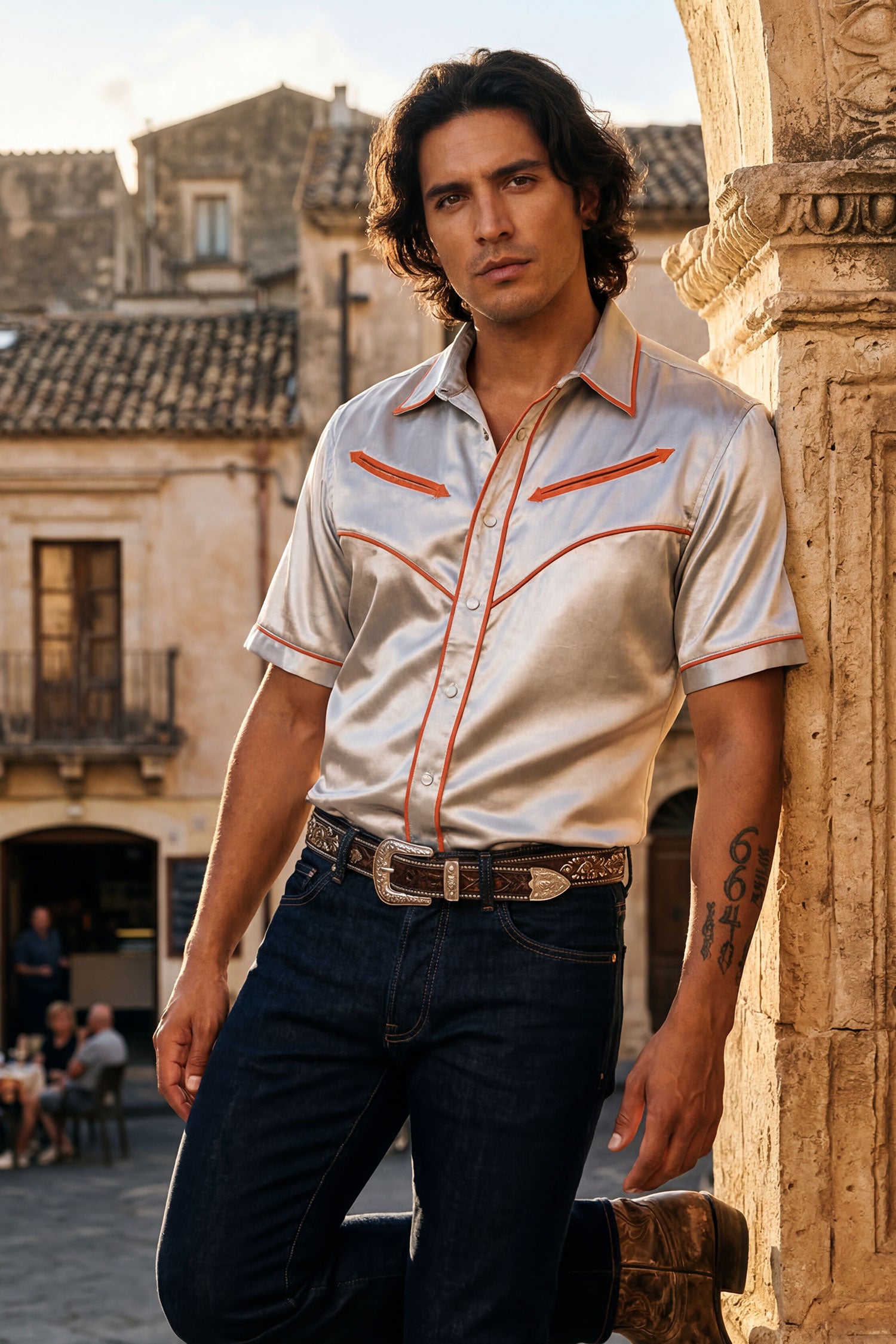 Barabas Men's Metallic Shiny Short Sleeve Casual Western Shirt 6WS02 Harbor Mist Orange