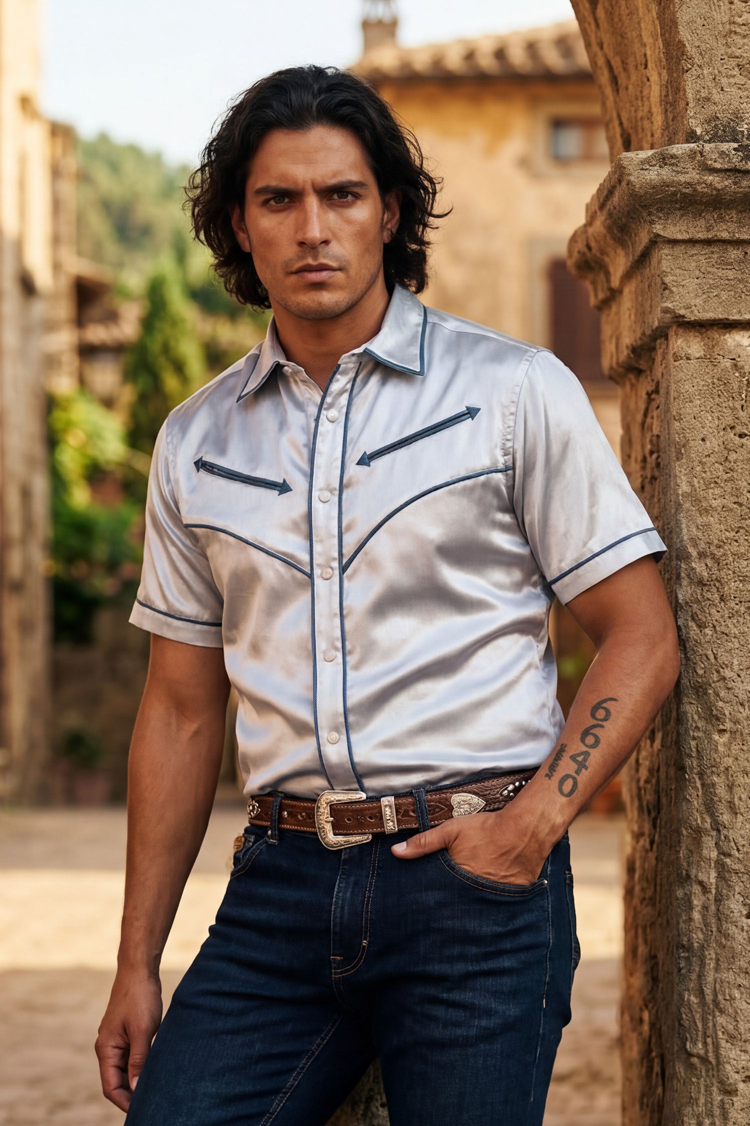 Barabas Men's Metallic Shiny Short Sleeve Casual Western Shirt 6WS02 Silver Cool Grey