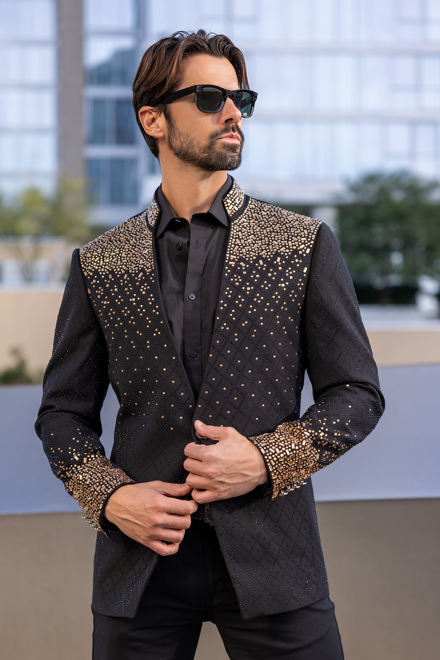 Barabas Men's Geometric Pattern Rhinestone Henley Lapel Blazer 4EBL53 Gold