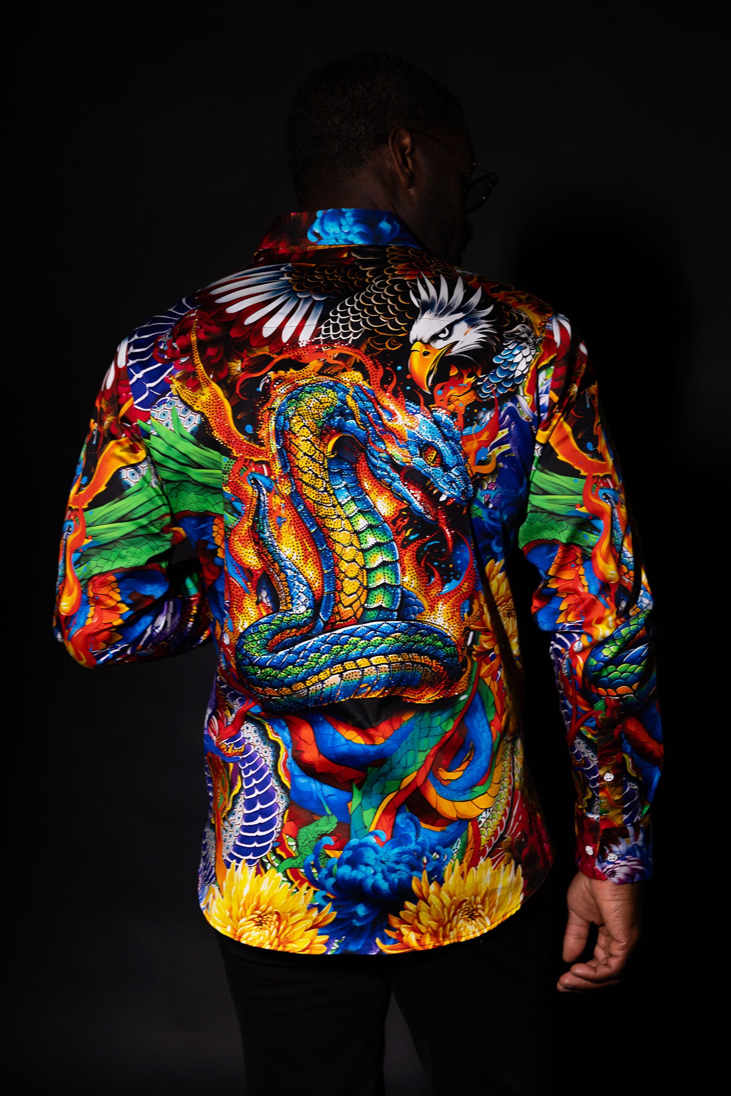 Barabas Men's Rhinestones Floral Snake Long Sleeve Shirts 5SPR03 Yellow