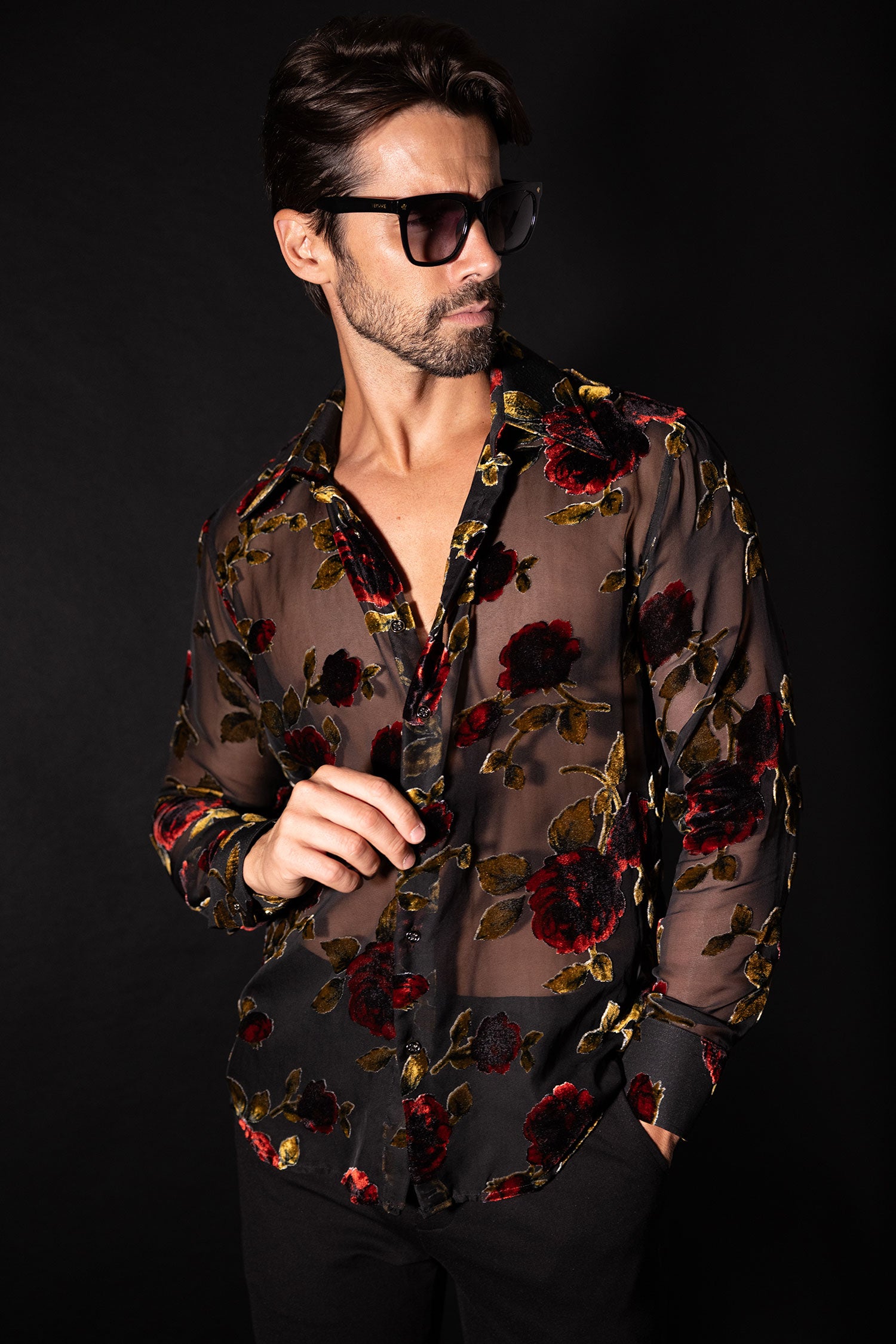 Barabas Men's See Through Floral Pattern Long Sleeve Shirts 5B16 Black