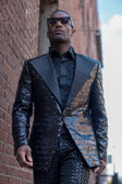 BARABAS Men's Linear Sequin Design Peak Lapel Shiny Blazer 4BLR34 #Color_Black