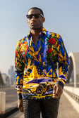 BARABAS Men's Rhinestone Floral Lion Long Sleeve Shirts 4SPR05 #Color_Royal