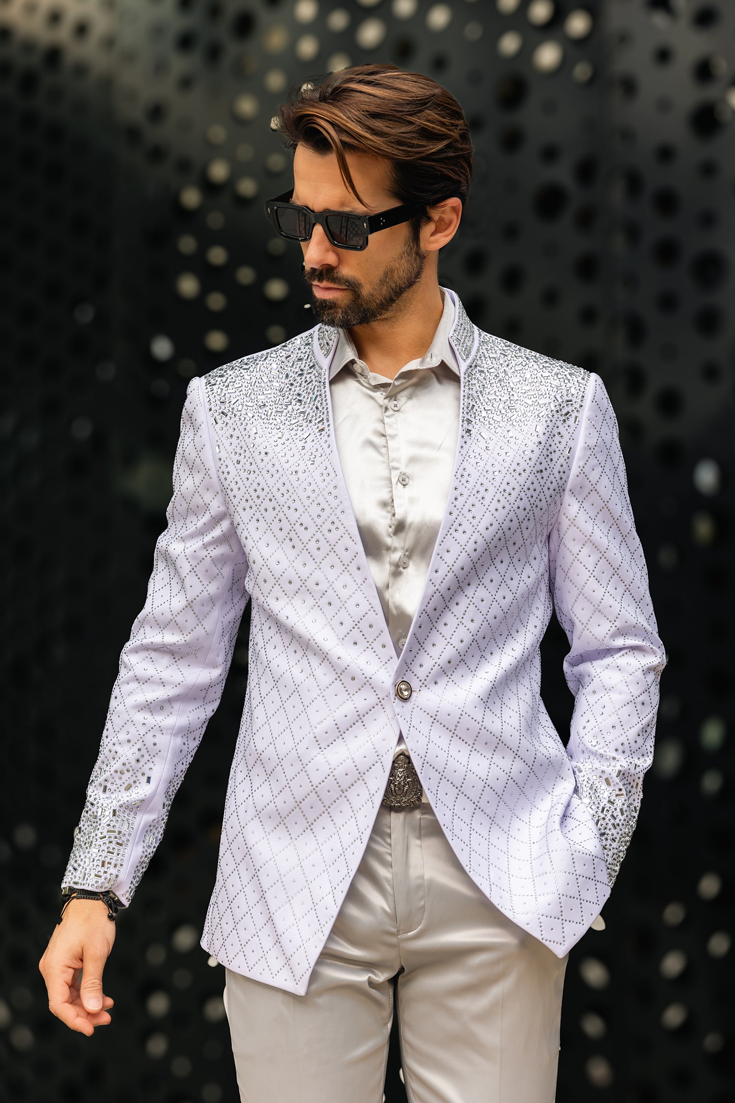 Barabas Men's Geometric Pattern Rhinestone Henley Lapel Blazer 4EBL53 white silver