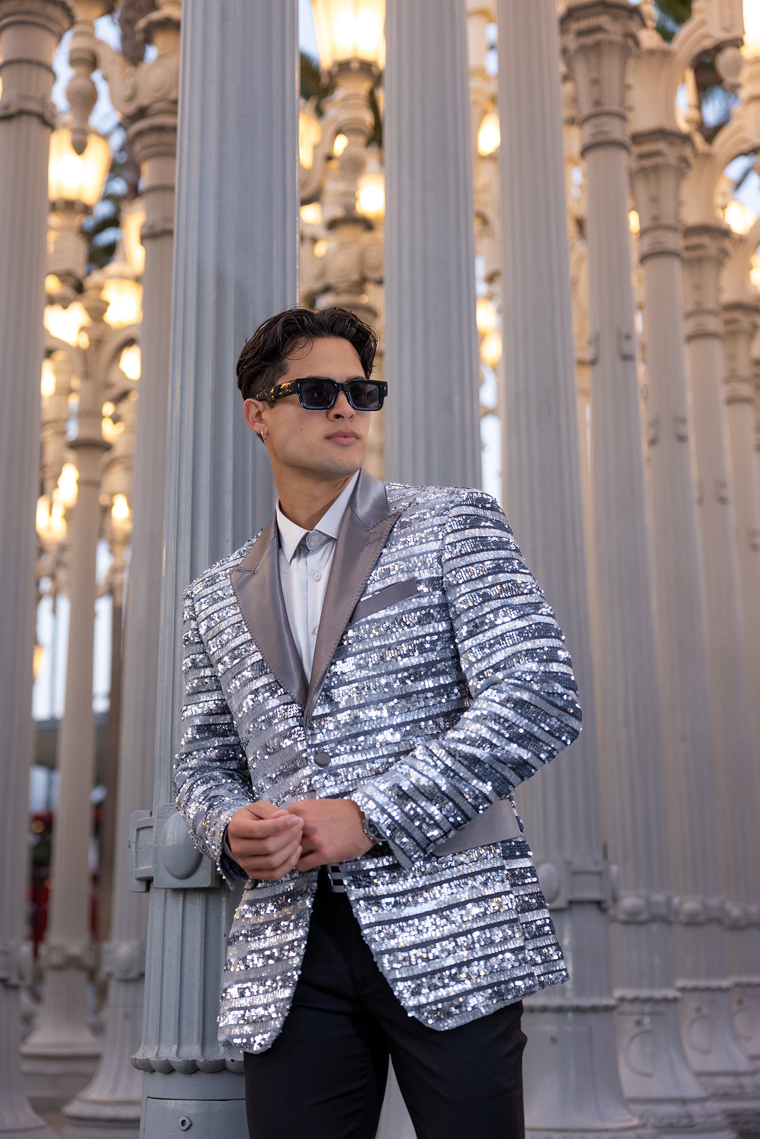 Barabas Men's Shiny Sequin Pattern Long Sleeve Blazer 4BL42 Silver