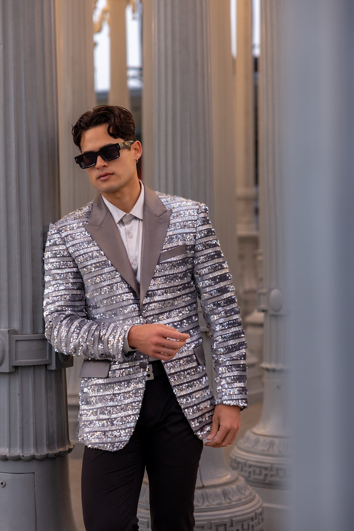 Barabas Men's Shiny Sequin Pattern Long Sleeve Blazer 4BL42 Silver