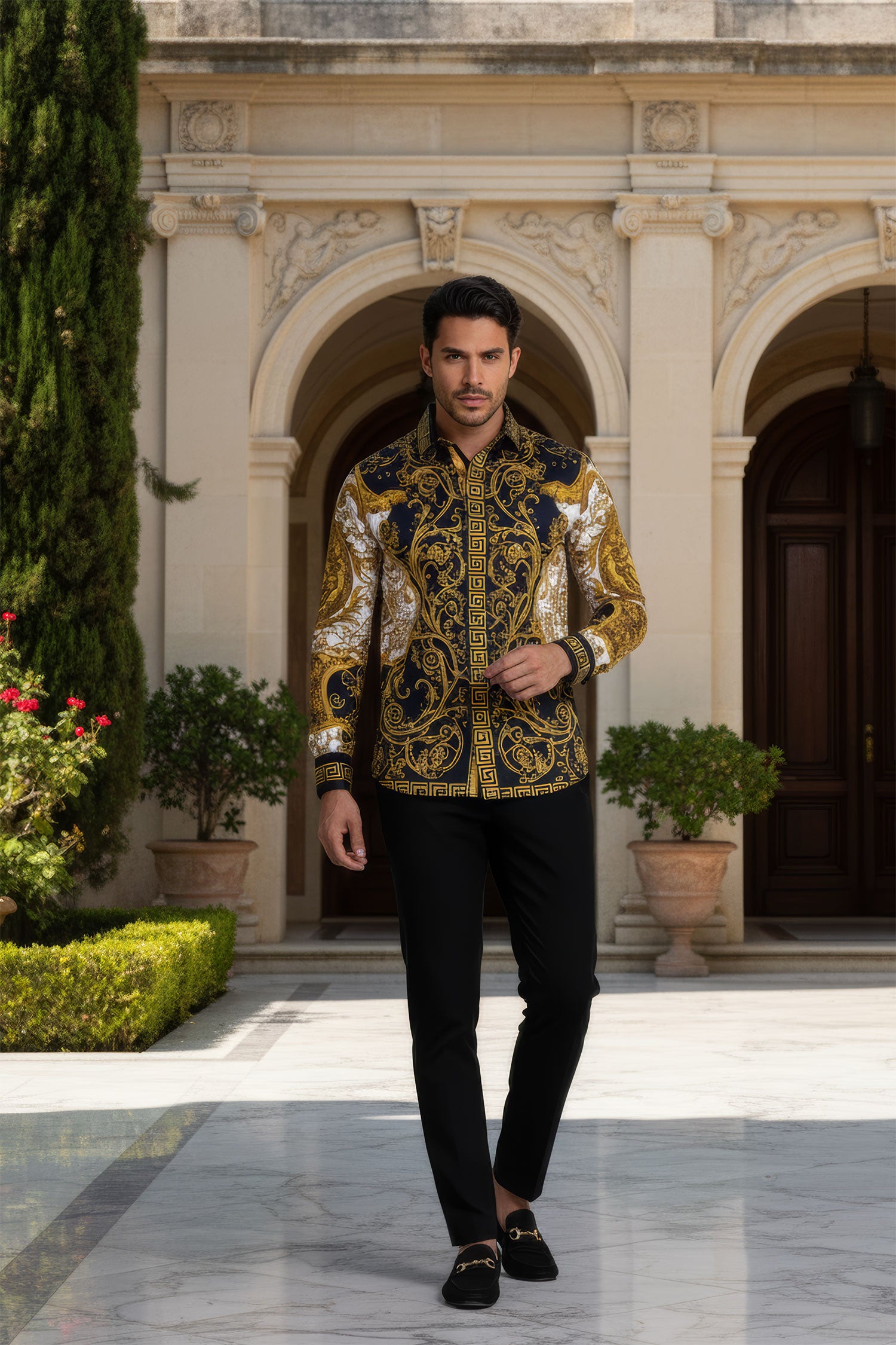 Barabas Men's Greek Pattern Medusa rhinestone long Sleeve Shirts B286ST Gold