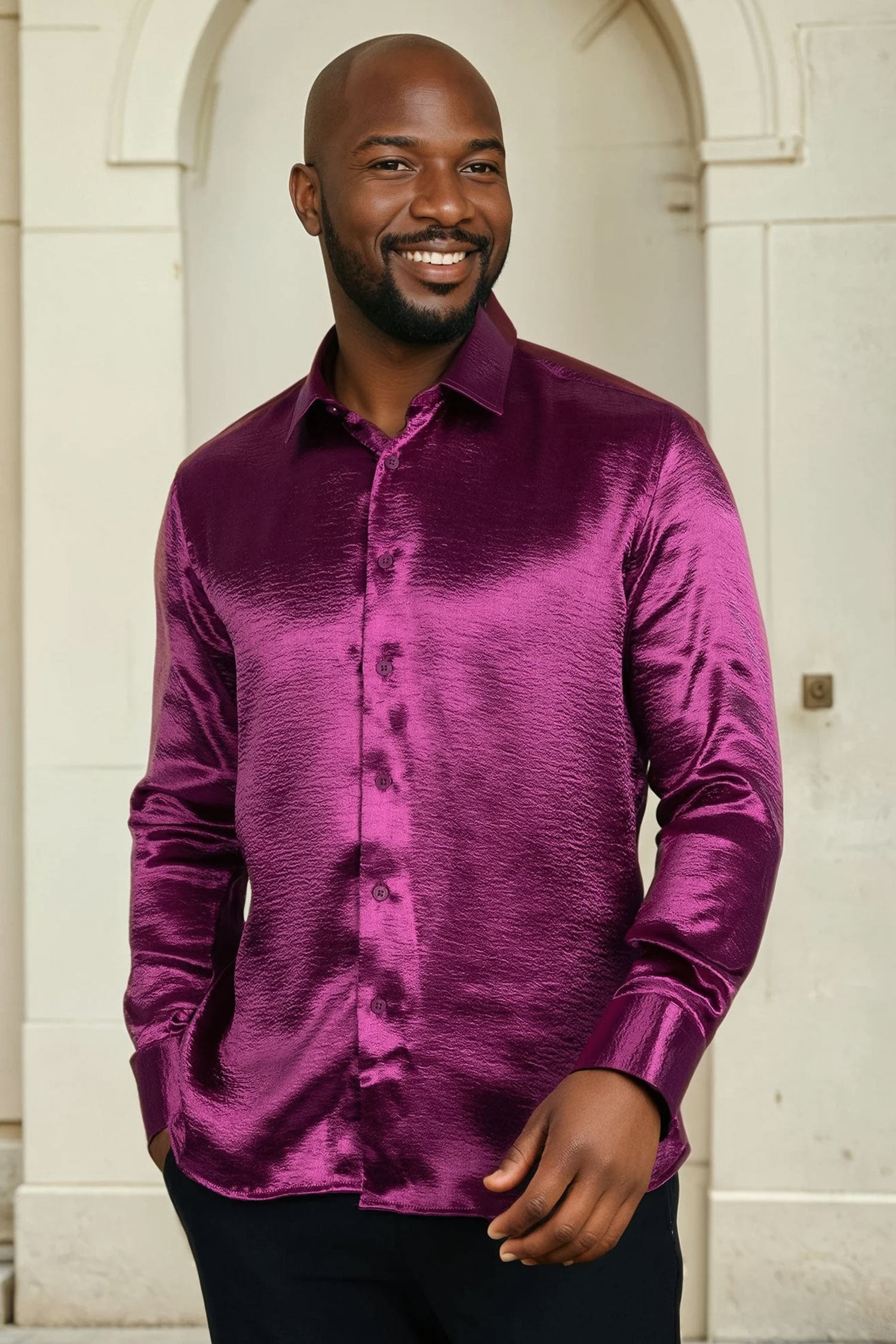 BARABAS Men shinny solid color button down dress Shirts B302 Eggplant
