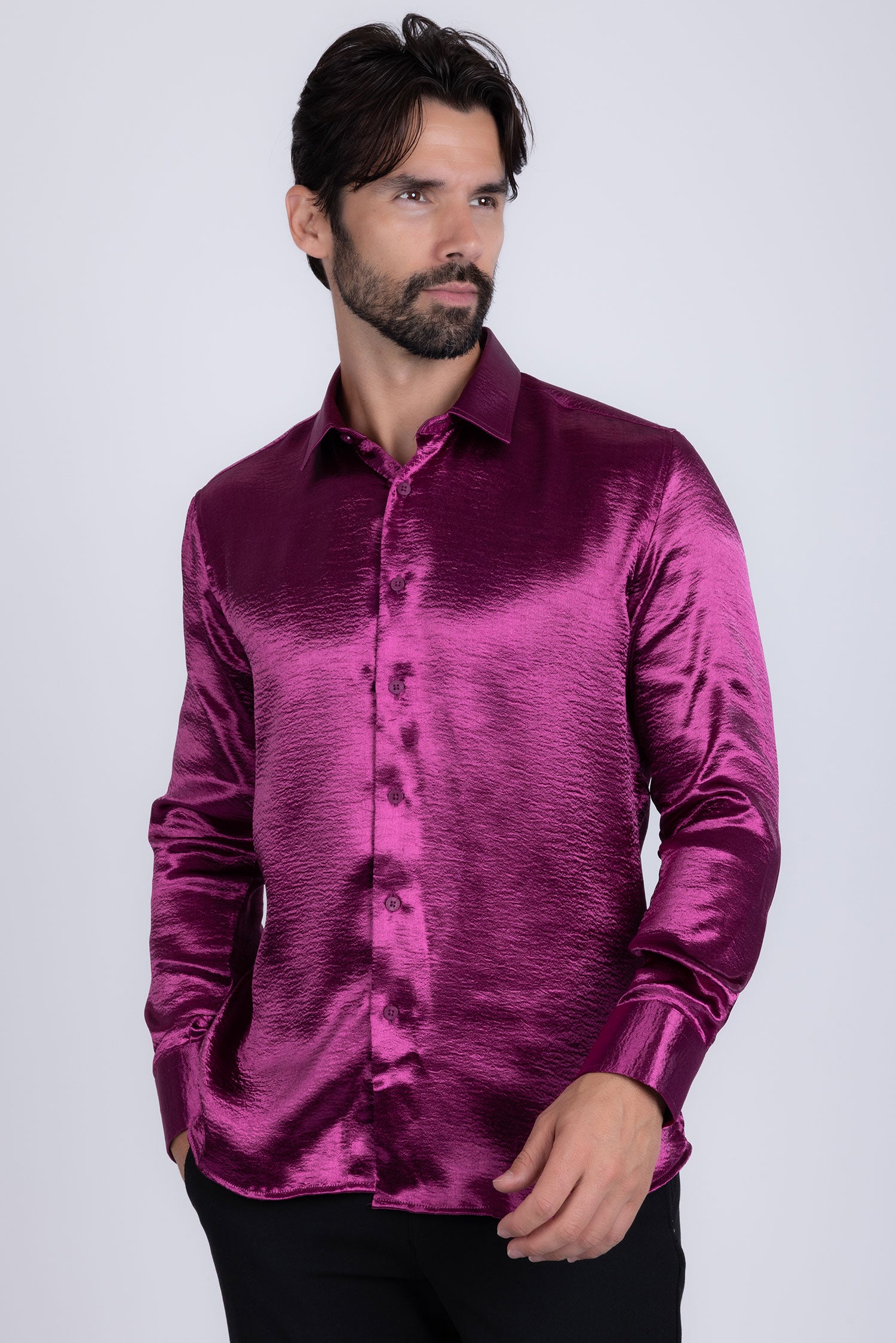BARABAS Men shinny solid color button down dress Shirts B302 Eggplant