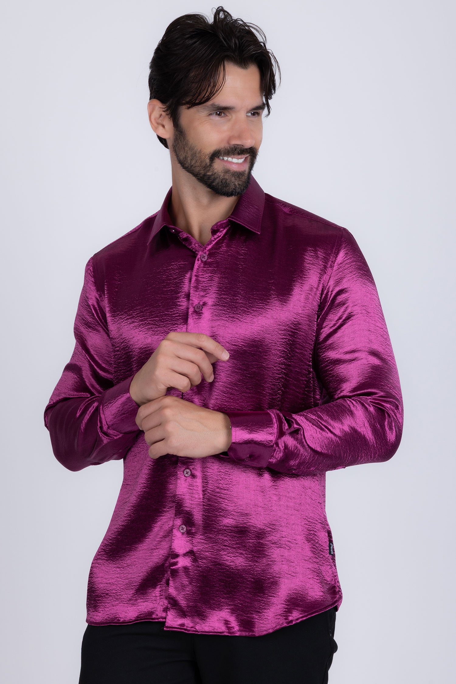 BARABAS Men shinny solid color button down dress Shirts B302 Eggplant