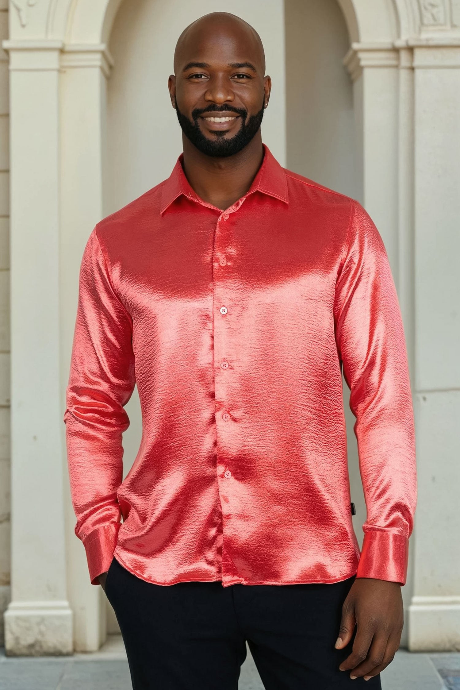 BARABAS Men shinny solid color button down dress Shirts B302 Salmon