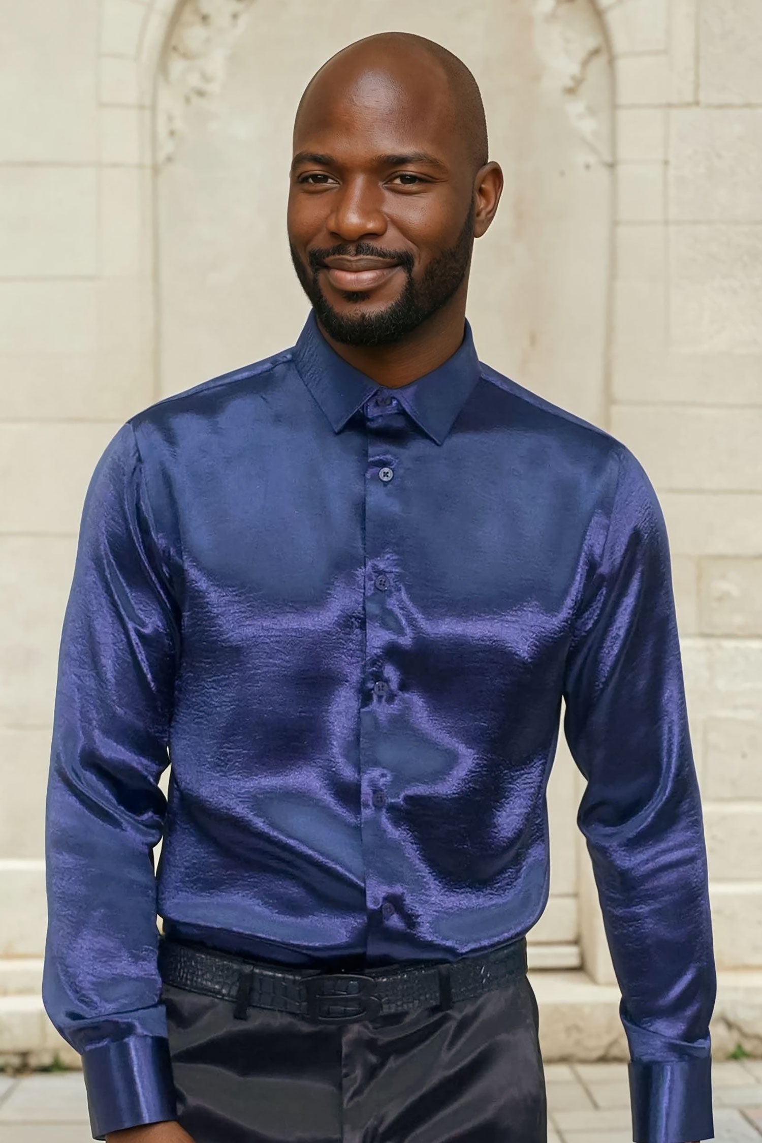 BARABAS Men shinny solid color button down dress Shirts B302 Navy